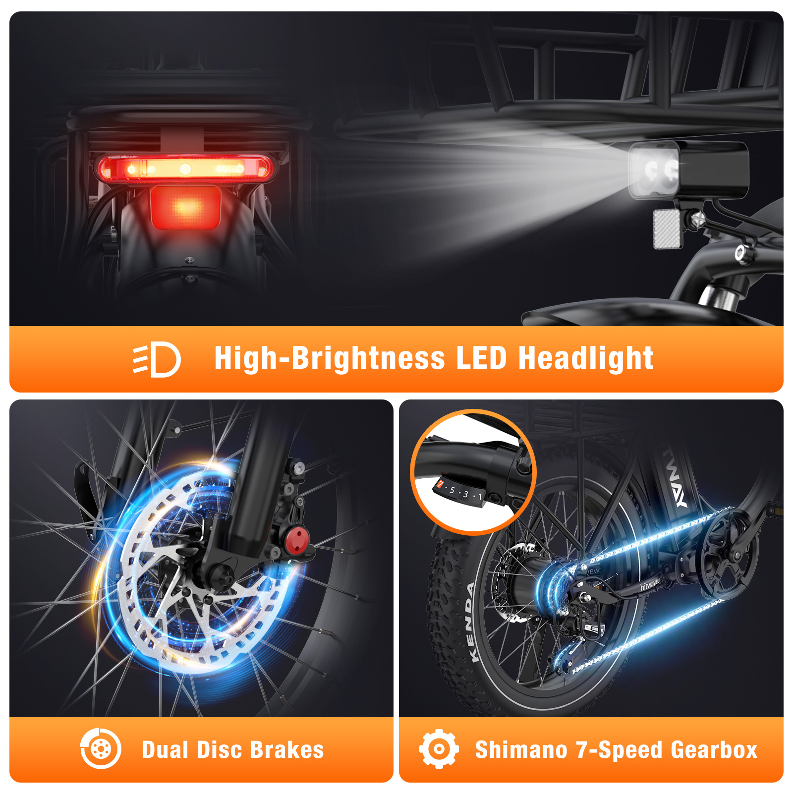 Een elektrische fiets met LED-koplamp, dubbele schijfremmen en een Shimano 7-versnellingsbak voor betere prestaties.