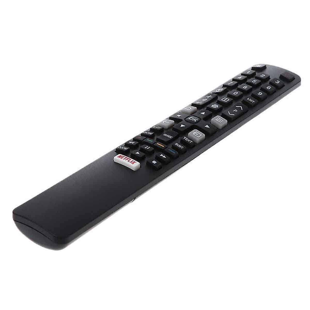 Eine schwarze TV-Fernbedienung mit mehreren Tasten, darunter Netflix. Die Tasten sind grau, weiß und schwarz auf weißem Hintergrund.