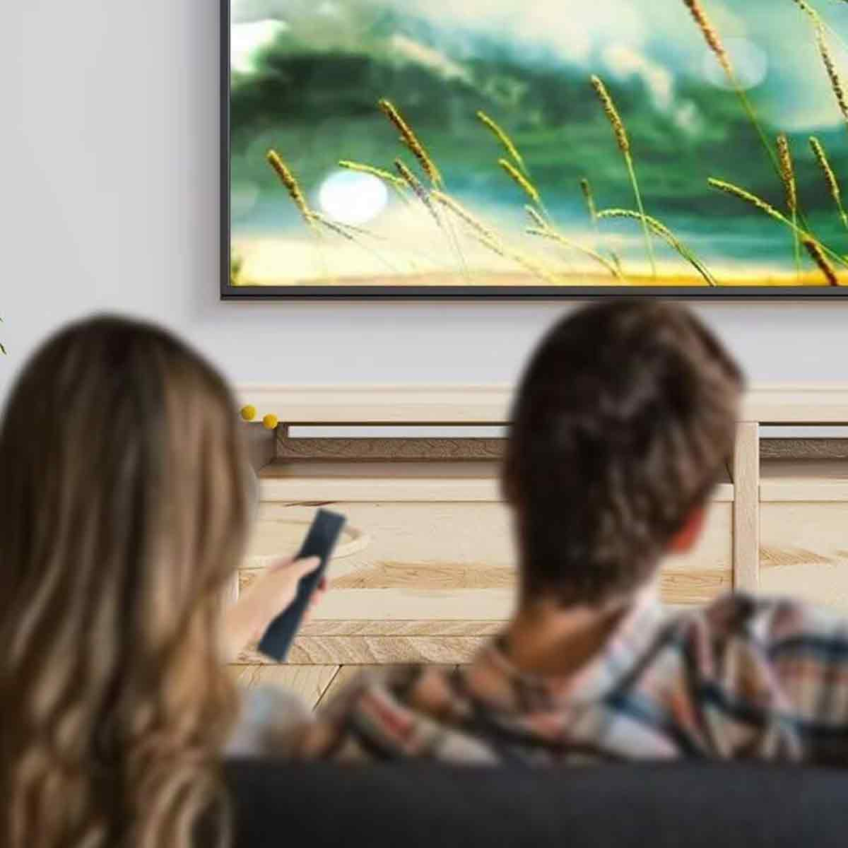 Ein Paar sieht fern. Eine Frau hält eine Fernbedienung. Der Fernseher zeigt eine Naturszene. Der Hintergrund ist unscharf.