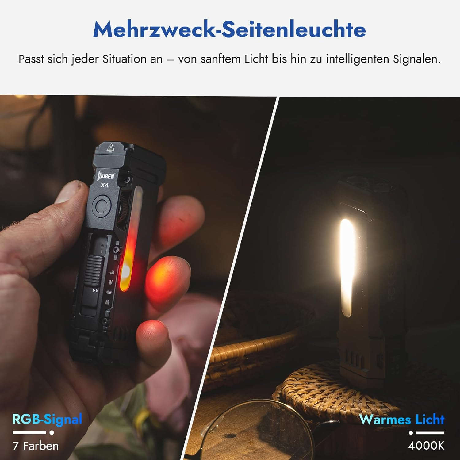Eine Hand hält eine schwarze Taschenlampe. Die Taschenlampe strahlt rotes und gelbes Licht aus. Text: RGB-Signal, 7 Farben, Warmes Licht, 4000K.