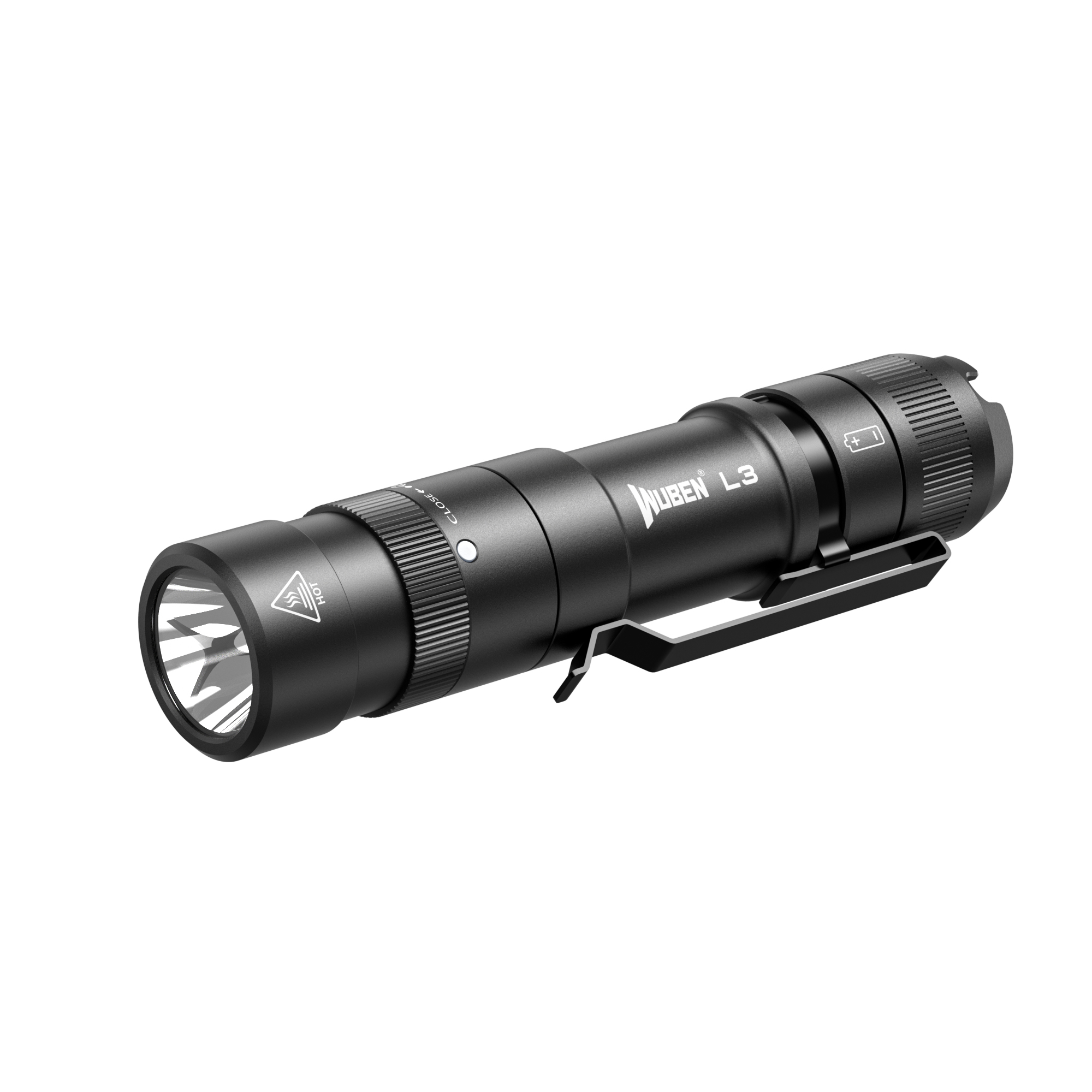 Schwarze Taschenlampe auf weißem Hintergrund. Sie hat den Markennamen Wuben L3. An der Seite befindet sich ein Taschenclip.