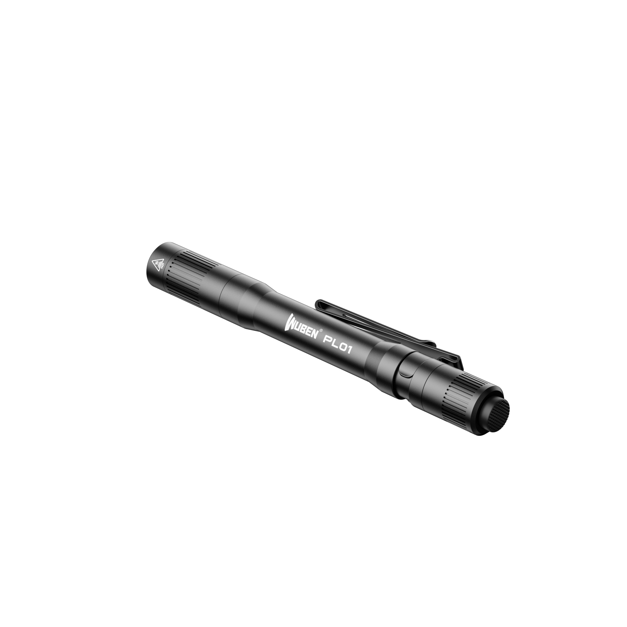 Eine schwarze Wuben PL01-Taschenlampe auf weißem Hintergrund. Sie hat einen Clip und ein strukturiertes Ende.