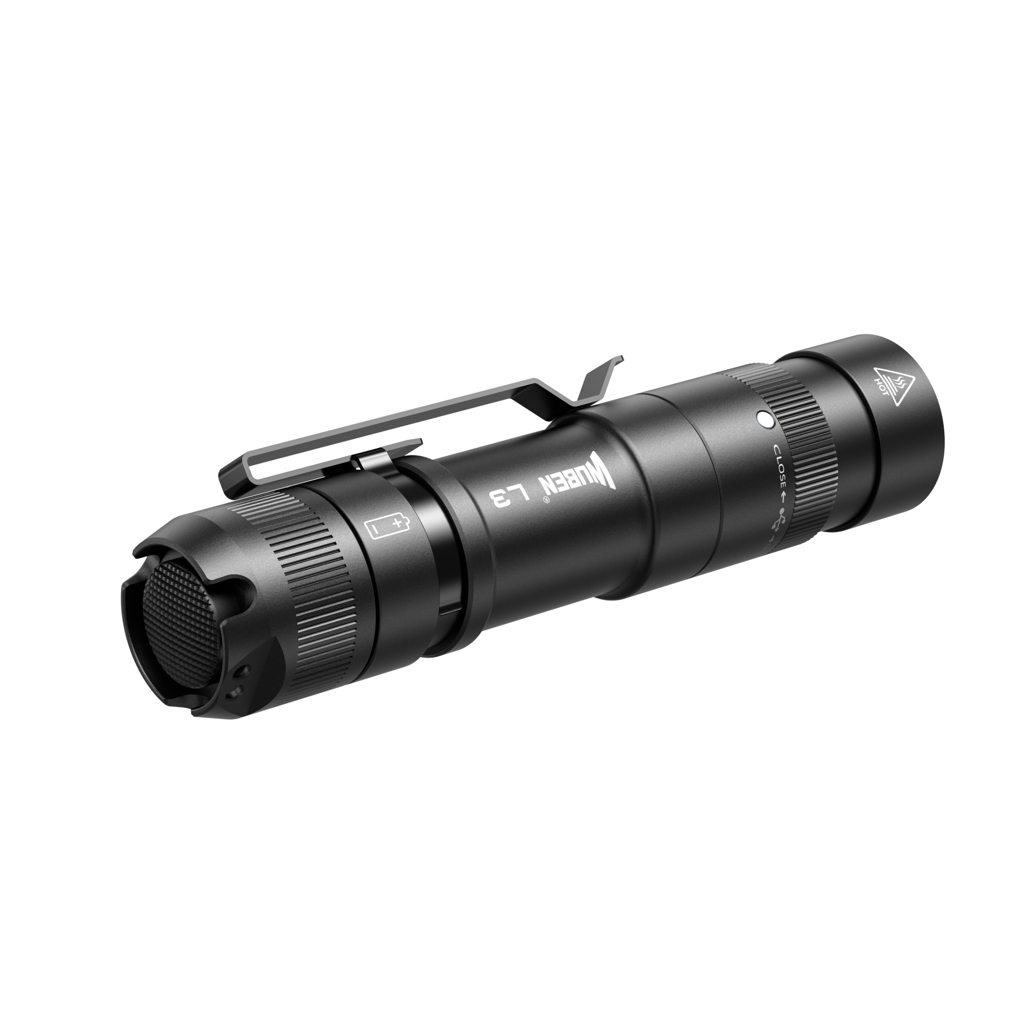 Eine schwarze Wuben L3-Taschenlampe mit Clip auf weißem Hintergrund. Die Taschenlampe ist zylindrisch.