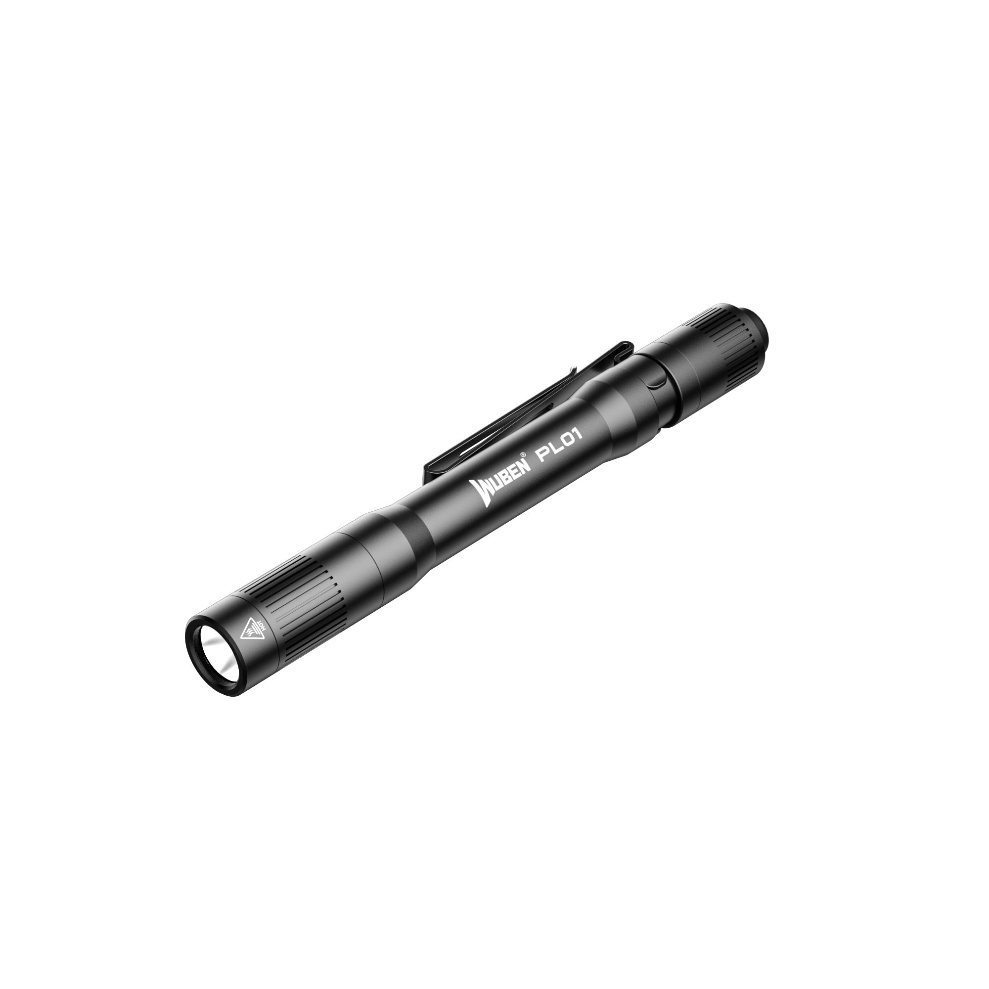 Schwarze Wuben PL01 Taschenlampe auf weißem Hintergrund. Hat einen Clip und der Markenname ist sichtbar.