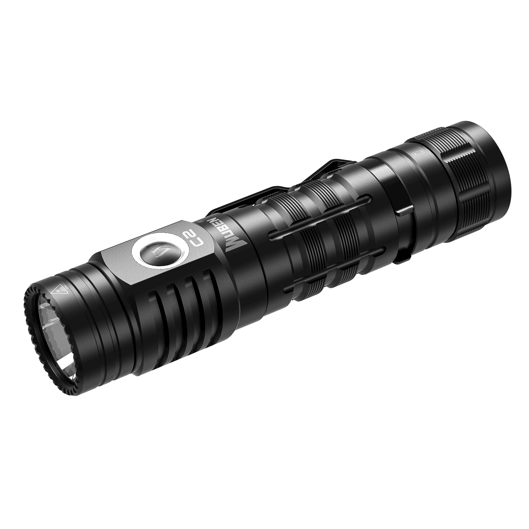 Schwarze Taschenlampe, nach links geneigt, auf weißem Hintergrund. Hat den Markennamen Wuben. Der Kopf hat ein Licht.