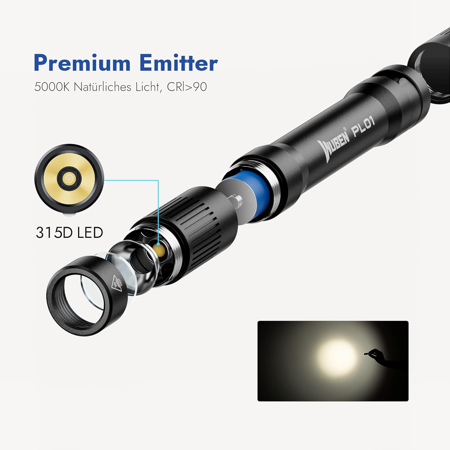 Diagramm einer schwarzen Taschenlampe mit Innenteilen. Text zeigt 'Premium Emitter' und '315D LED'. Ein Lichtstrahl ist ebenfalls gezeigt.