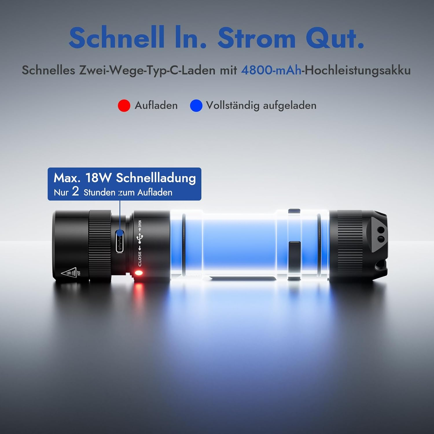 Eine Taschenlampe mit blau leuchtendem Kern, was das Aufladen anzeigt. Text zeigt Ladedetails, einschließlich Schnellladung und Batteriekapazität.