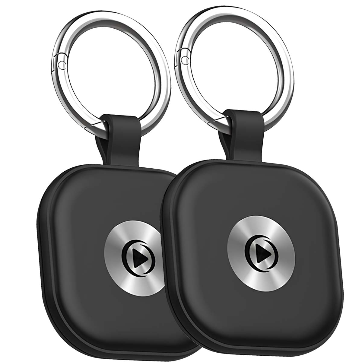 Zwei schwarze Schlüsselanhänger mit silbernen Ringen. Jeder hat einen silbernen Knopf mit einem Wiedergabesymbol. Nahaufnahme vor weißem Hintergrund.