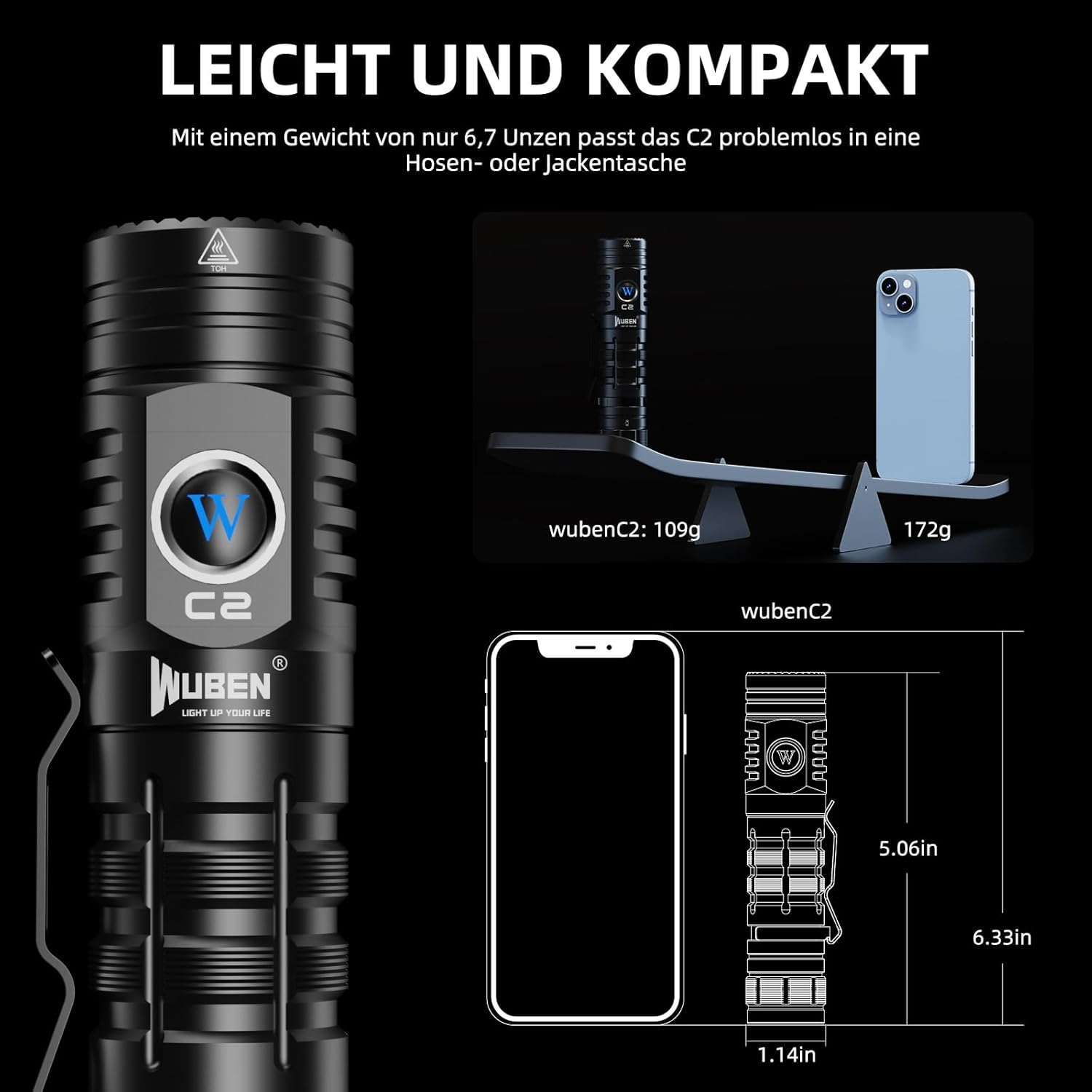 Eine schwarze Taschenlampe mit blauem Knopf, neben einem Telefon, mit Abmessungen und Text auf Deutsch.