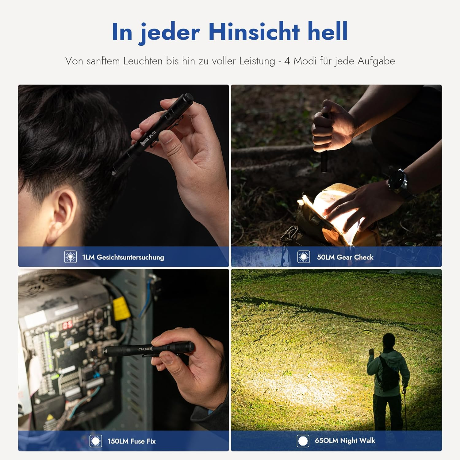 Das Bild zeigt eine Taschenlampe in verschiedenen Szenarien. Text hebt 4 Modi hervor: Gesichtscheck, Gear-Check, Sicherungsreparatur und Nachtspaziergang.