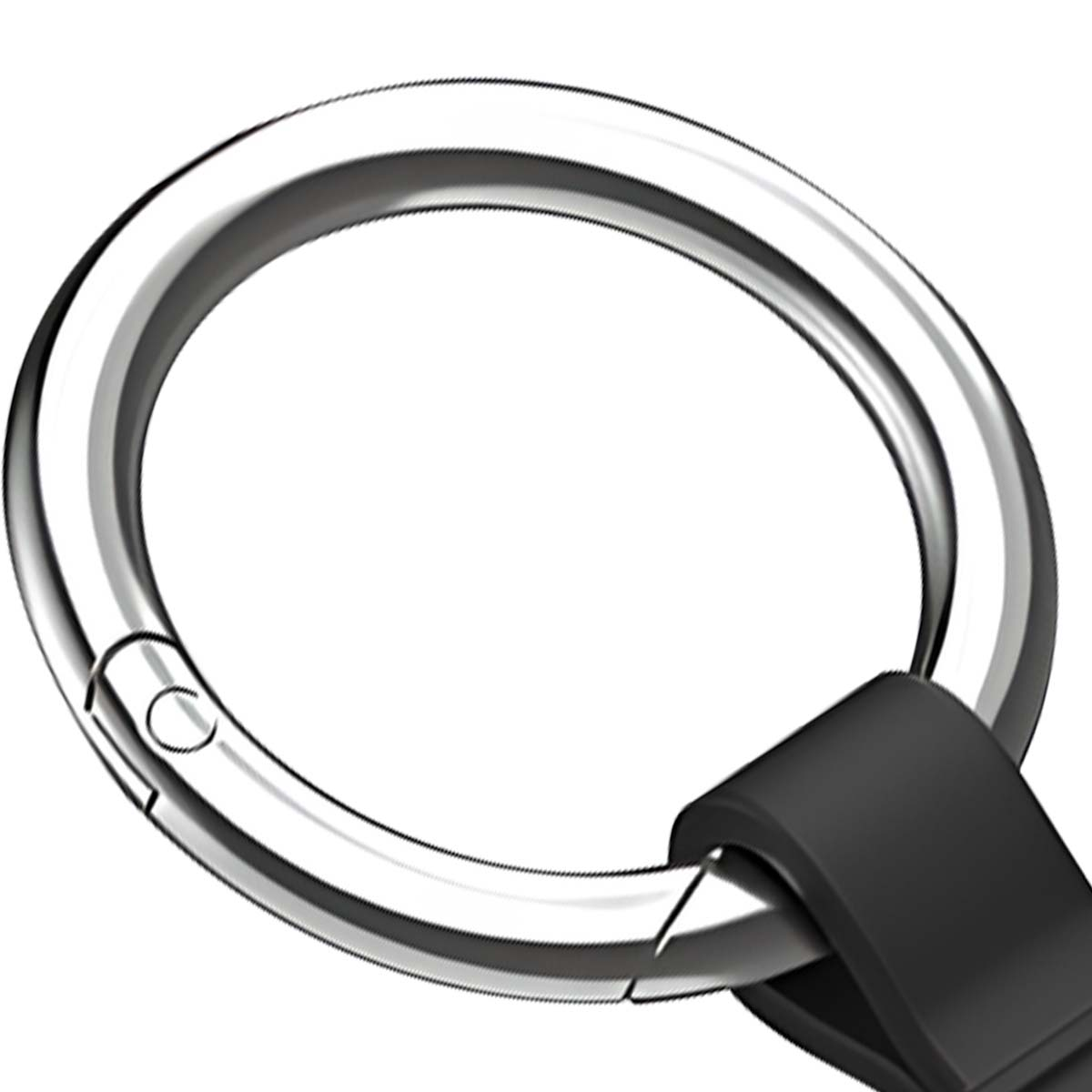Nahaufnahme eines silbernen Metallschlüsselrings mit schwarzem Lederband. Der Ring ist offen.