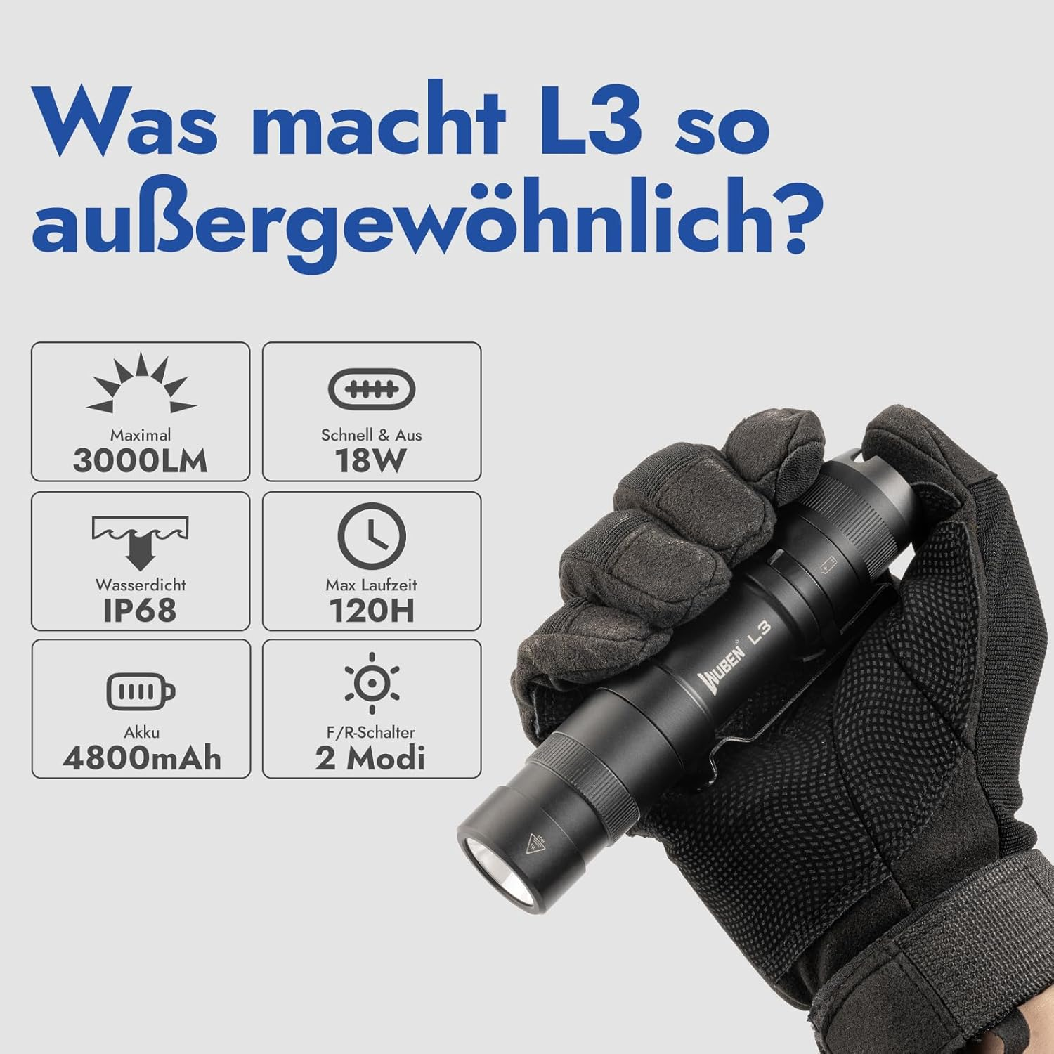 Eine schwarze Taschenlampe, gehalten von einer behandschuhten Hand, wird mit Details zu ihren Merkmalen und Spezifikationen gezeigt.