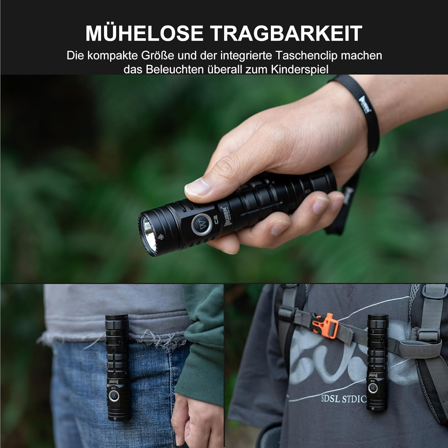 Eine Hand hält eine schwarze Taschenlampe. Die Taschenlampe ist in anderen Bildern am Bund und an Rucksackgurten befestigt.