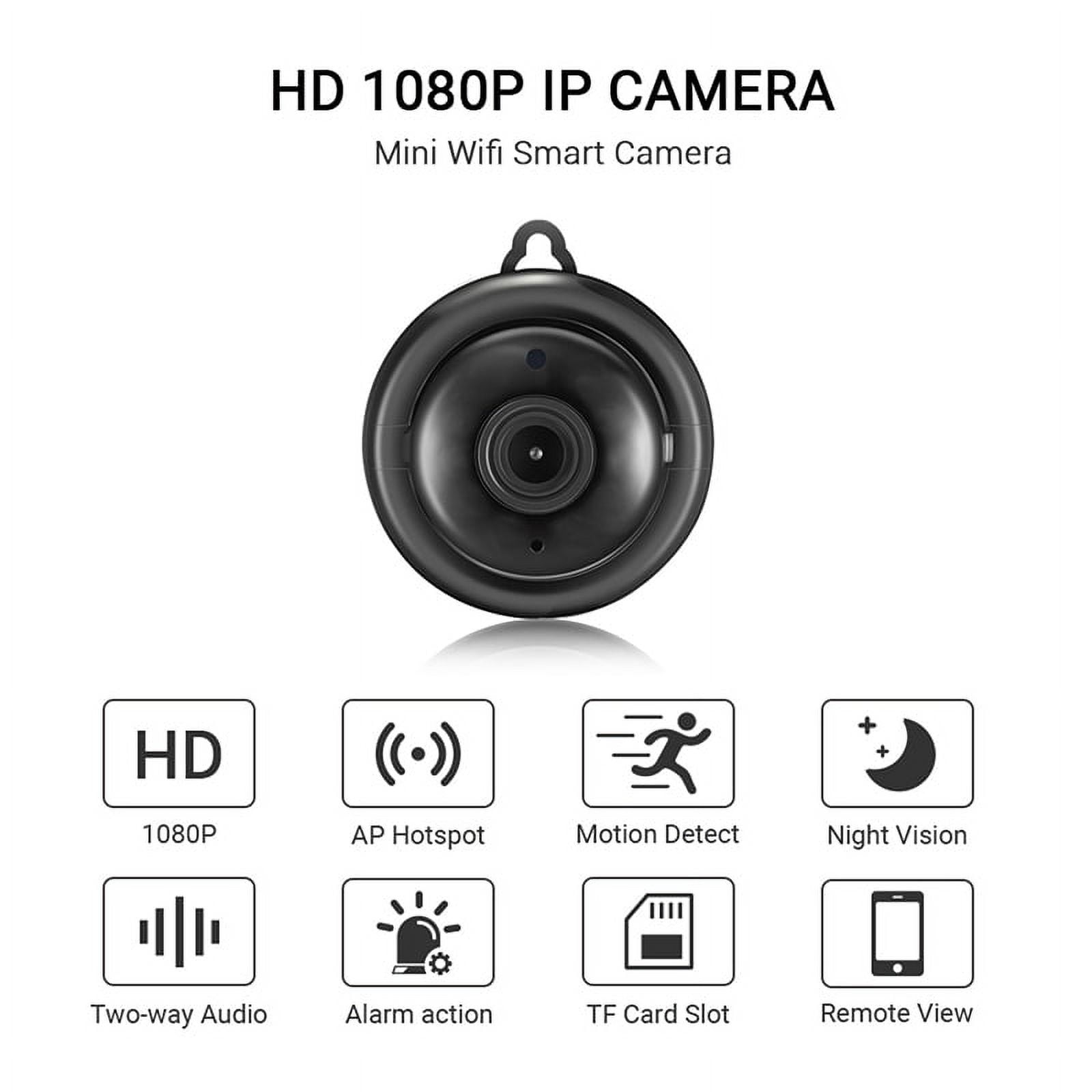 Eine schwarze, runde IP-Kamera mit Funktionssymbolen. Text enthält HD, AP-Hotspot, Bewegungserkennung usw.