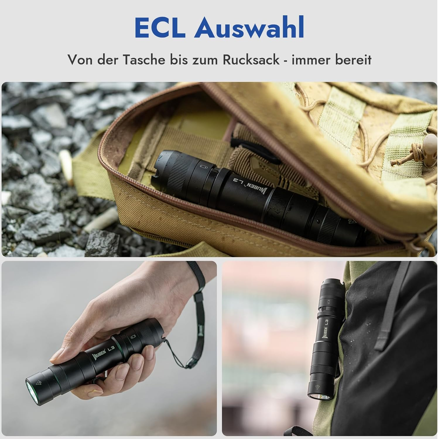 Das Bild zeigt eine schwarze Taschenlampe in verschiedenen Szenarien: in einer Tasche, in der Hand und an einem Rucksack befestigt.