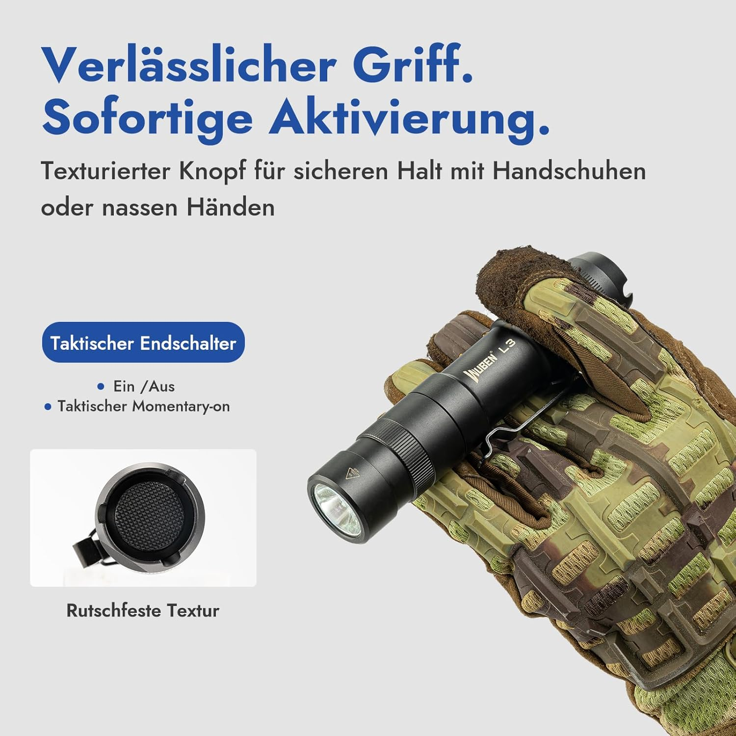 Eine Hand mit Tarnhandschuh hält eine schwarze Taschenlampe. Text bewirbt sicheren Griff und sofortige Aktivierung.