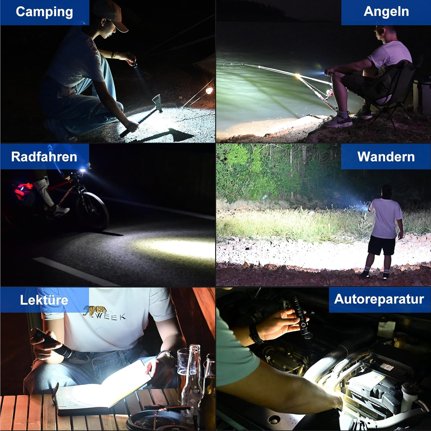 Das Bild zeigt Menschen, die Taschenlampen für verschiedene Aktivitäten verwenden: Camping, Angeln, Radfahren, Wandern, Lesen und Autoreparatur bei Nacht.