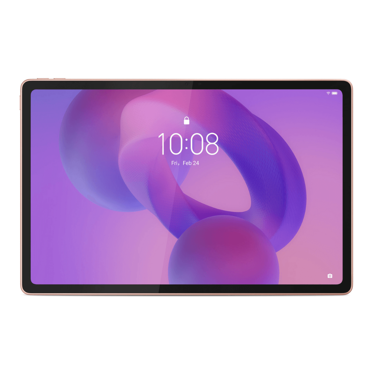 Una tableta muestra la hora 10:08 sobre un fondo morado y rosa. La tableta tiene un marco dorado y un borde negro.