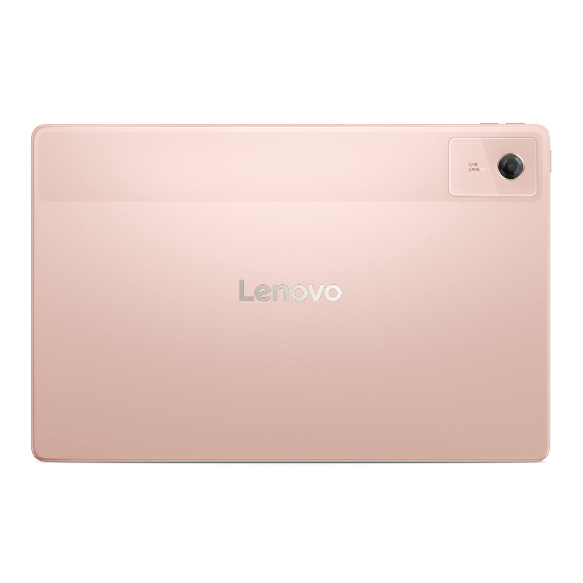 Parte trasera de una tableta Lenovo rosa. Una cámara en la esquina superior derecha. El logotipo de Lenovo en el centro.