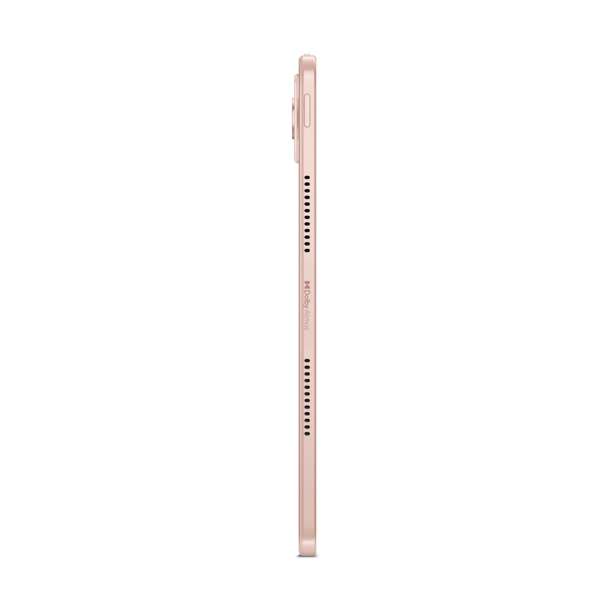 Se ve una tableta de oro rosa desde un lado. La tableta tiene varios agujeros en el lateral y el logotipo de Dolby Atmos.