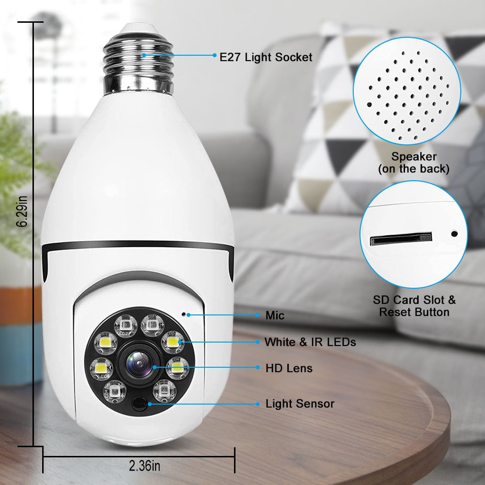 Eine weiße Glühbirnenkamera mit Beschriftungen für Komponenten wie Linse, LEDs, Mikrofon und Lautsprecher. Sie steht auf einem Holztisch.
