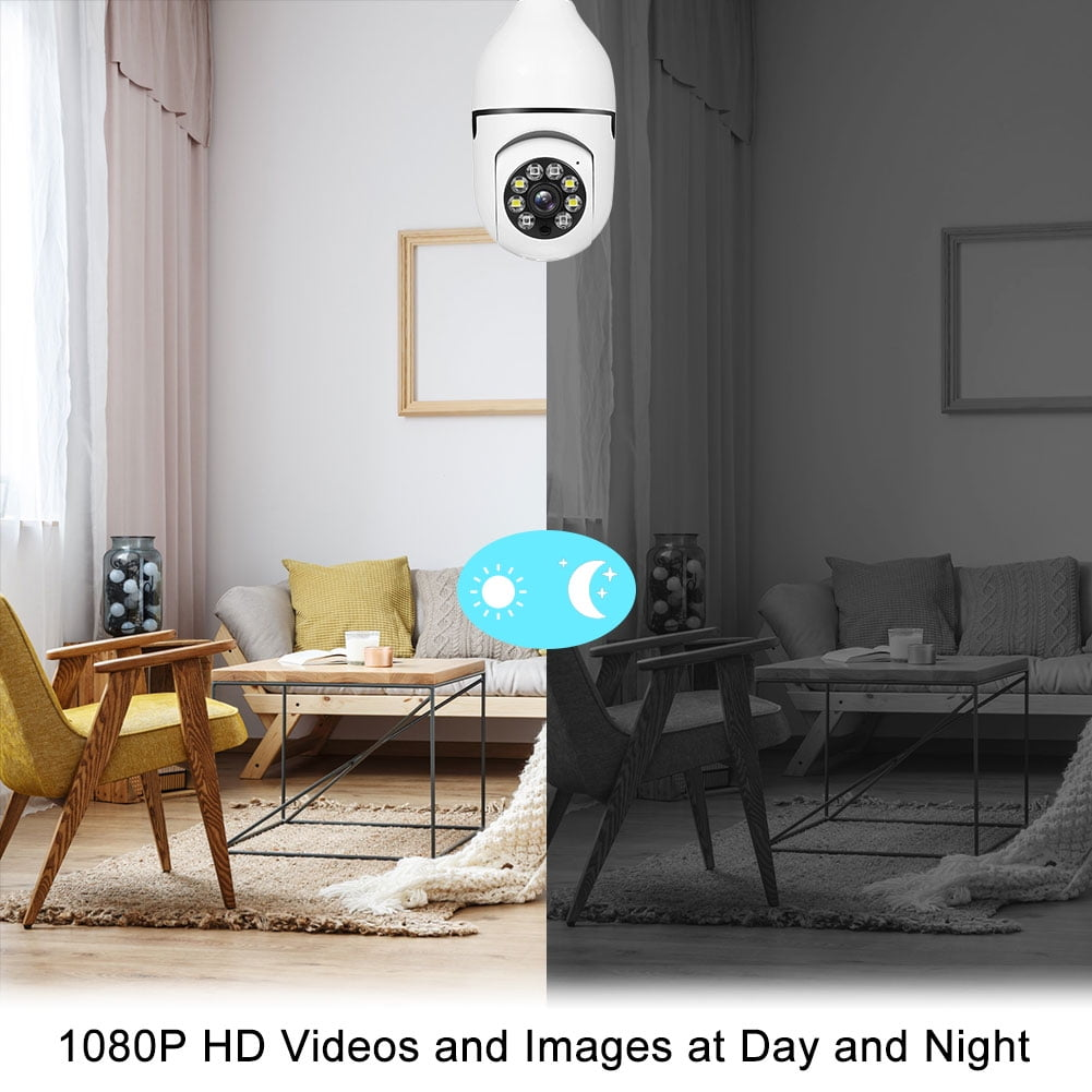 Eine Überwachungskamera zeigt ein Wohnzimmer, das in Tag- und Nachtansicht geteilt ist. Die Kamera ist weiß, und der Text lautet 1080P HD-Videos Tag und Nacht.