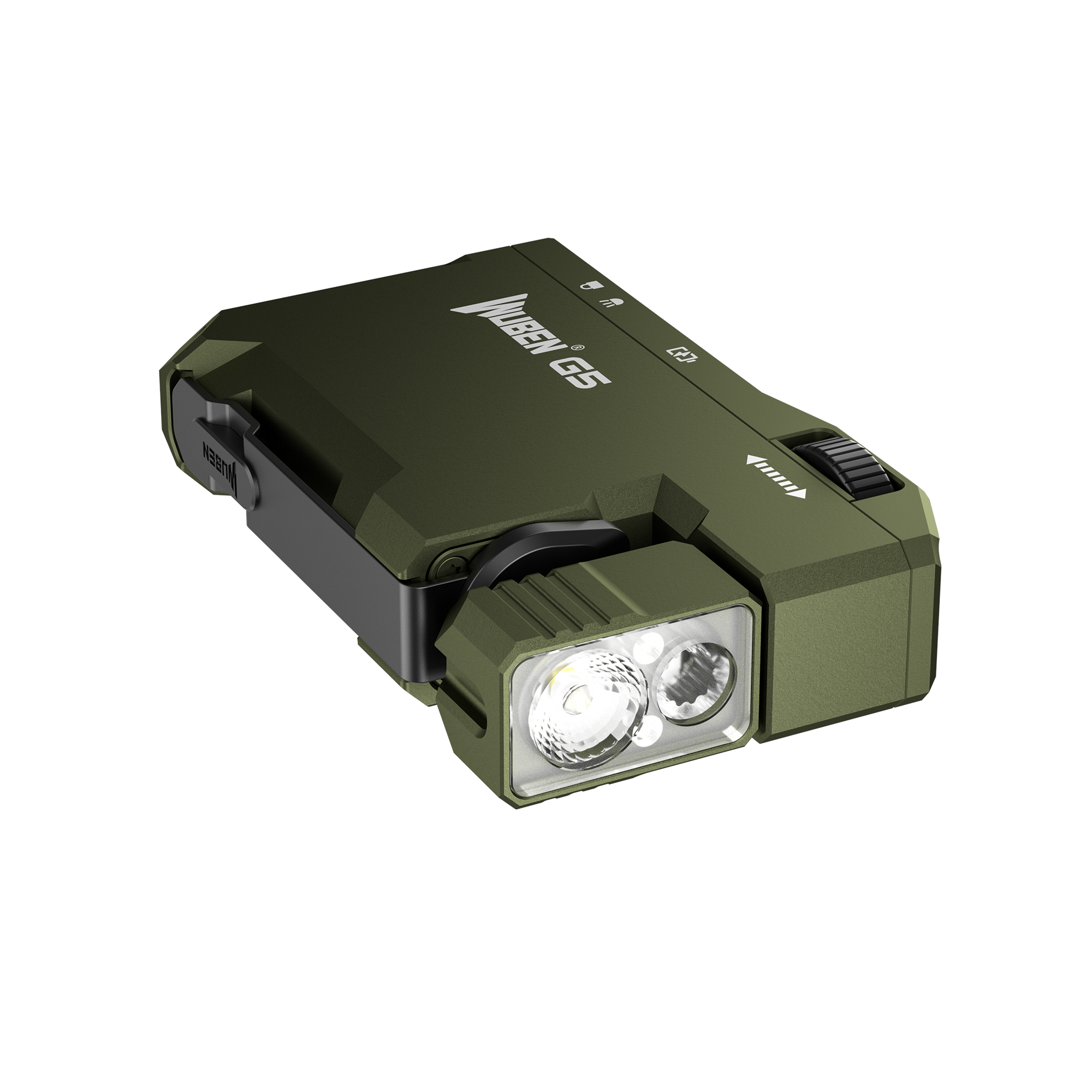 Eine olivgrüne Wuben G5-Taschenlampe. Sie hat zwei Lichter, einen Seitenclip und einen Ein-/Ausschalter. Der Hintergrund ist weiß.