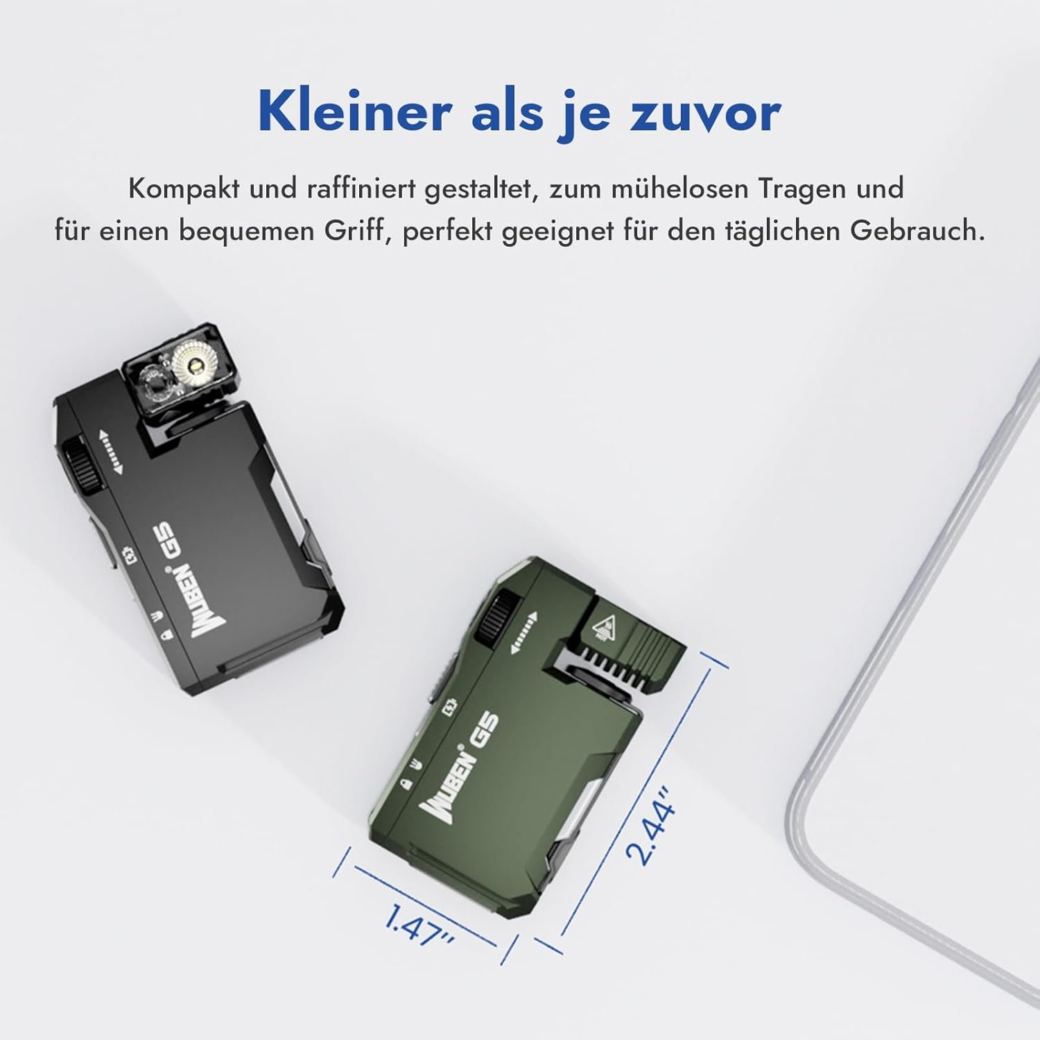 Zwei schwarze und grüne Wuben GS-Geräte. Eines ist schwarz, das andere grün, mit beschrifteten Abmessungen. Text: Kleiner als je zuvor.