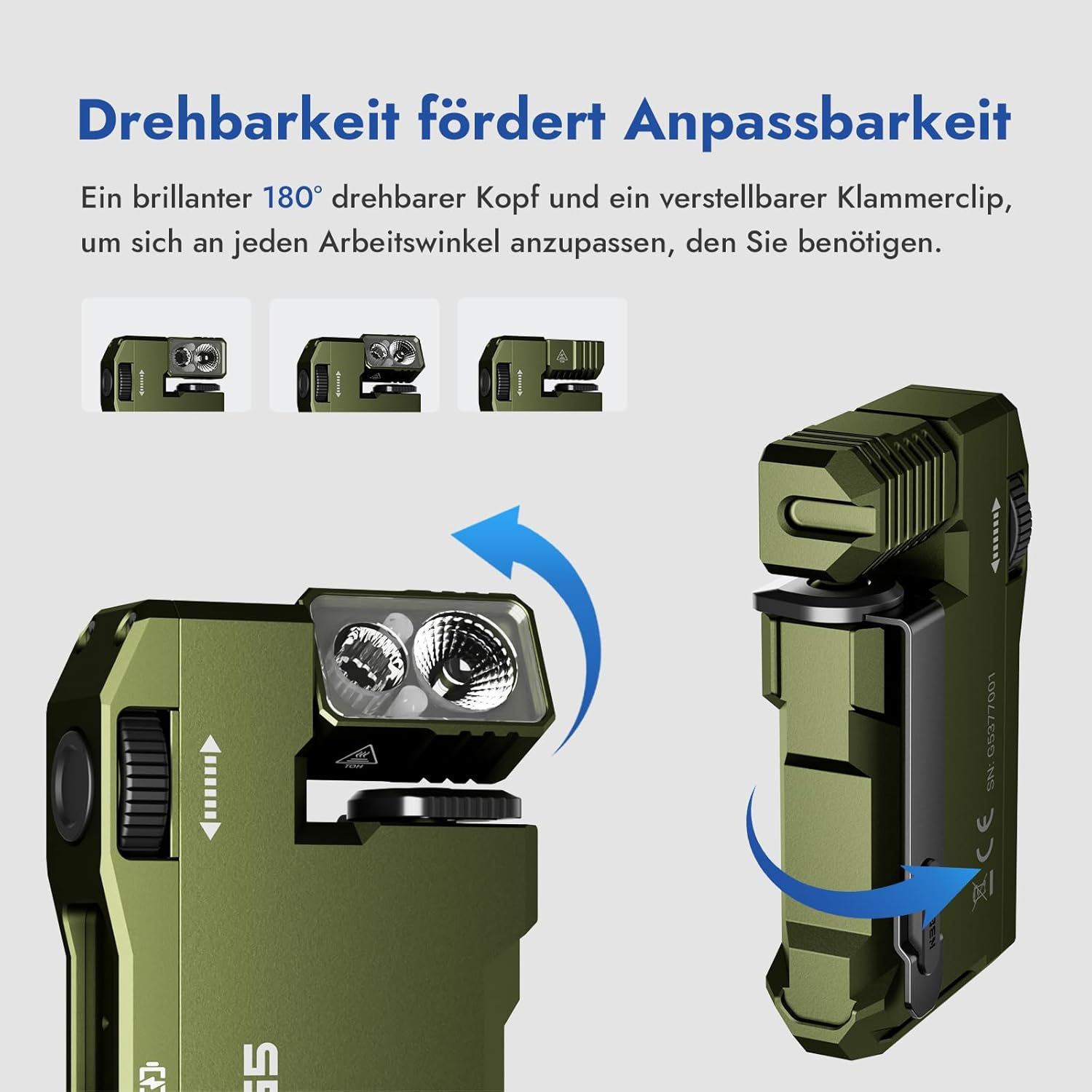Grüne Taschenlampe mit verstellbarem Kopf und Clip. Text: Drehbarkeit fördert Anpassbarkeit.