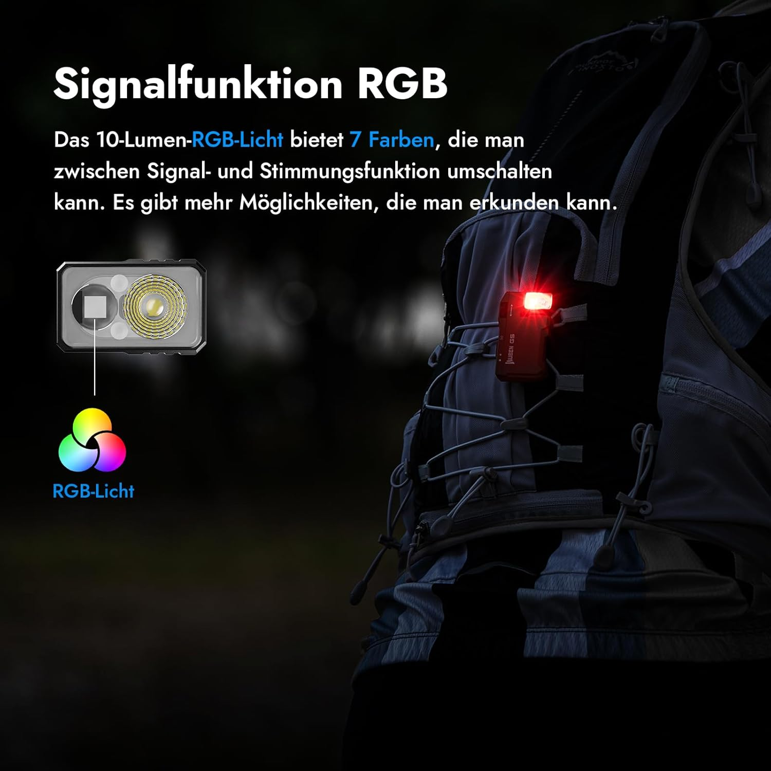 Eine Person mit Rucksack und rotem Licht. Text beschreibt RGB-Licht mit 7 Farben und Signal Funktion.