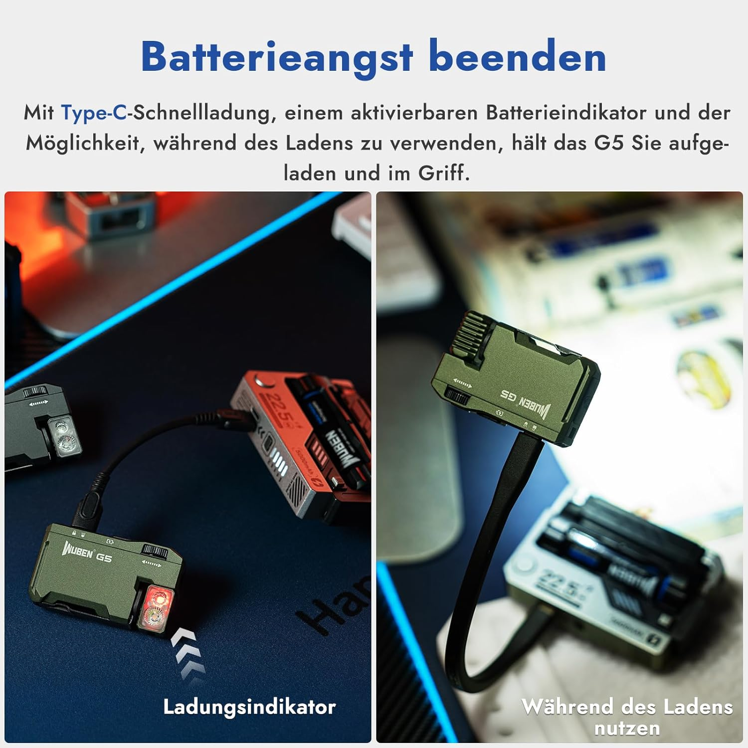 Das Bild zeigt zwei Geräte, die aufgeladen werden. Eines ist grün, das andere silber. Beide haben Text und sind über ein schwarzes Kabel verbunden.