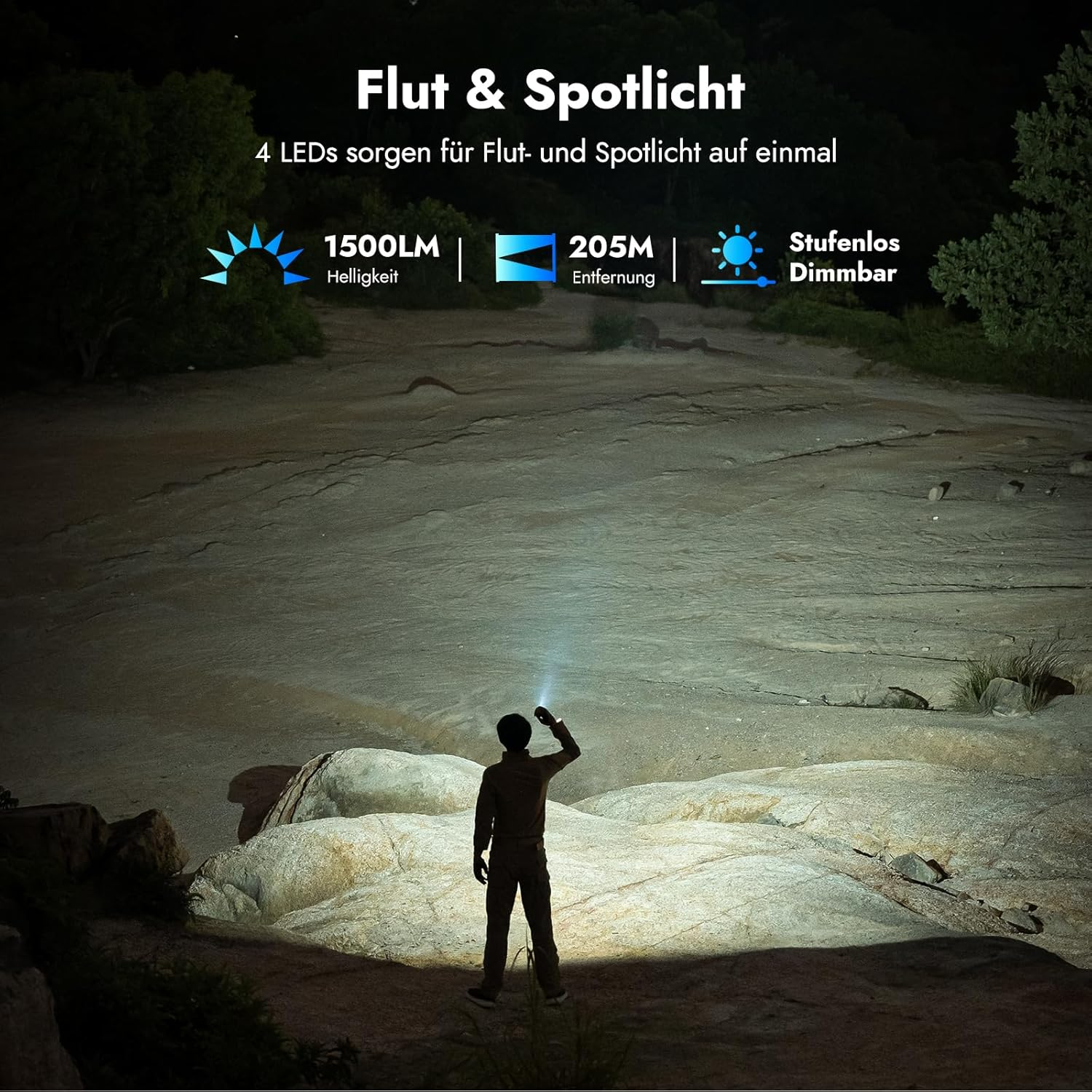 Eine Person hält eine Taschenlampe in einem dunklen Bereich. Der Text oben lautet 'Flut & Spotlight'. Informationen zu Helligkeit und Entfernung sind sichtbar.