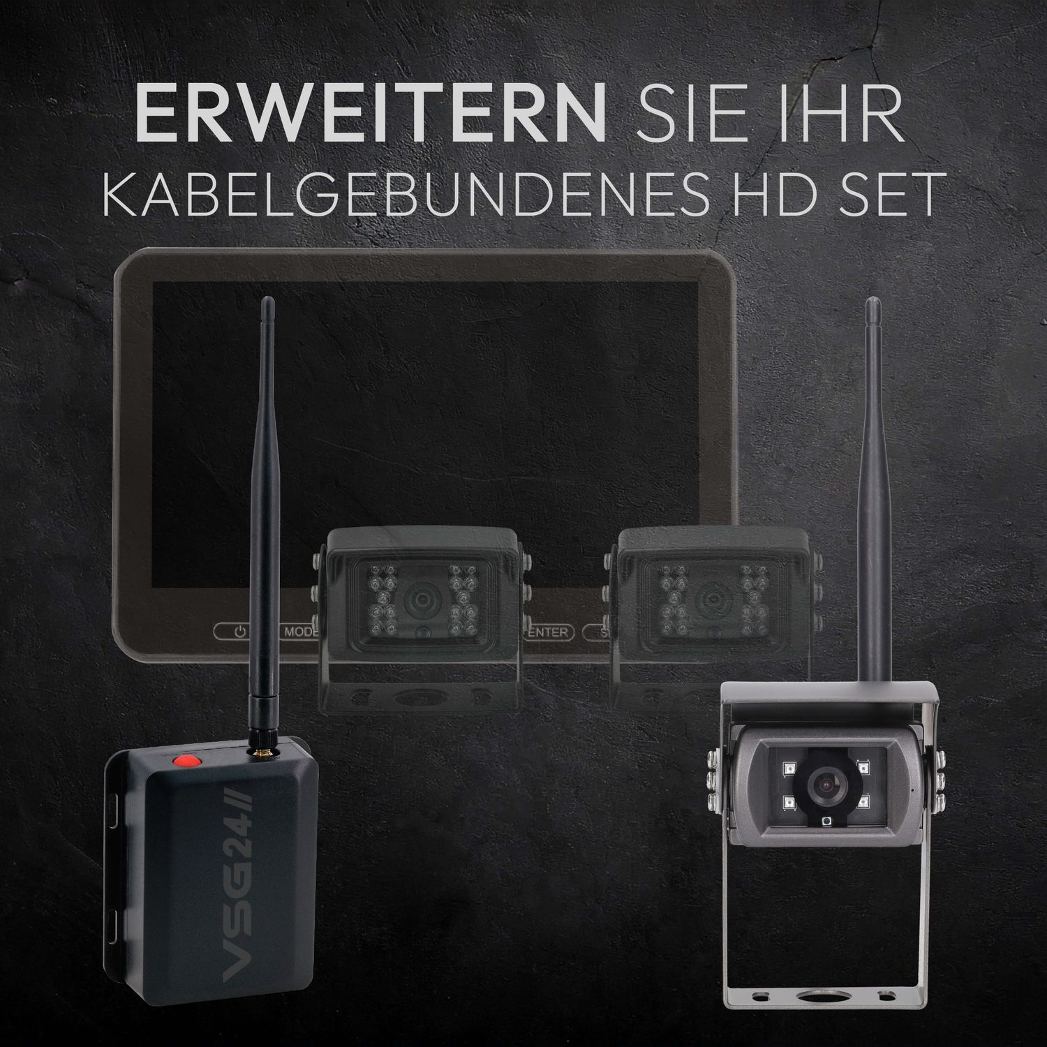 Das Bild zeigt ein schwarzes HD-Set mit Kameras und einem Monitor. Der Text lautet 'ERWEITERN SIE IHR KABELGEBUNDENES HD SET'.