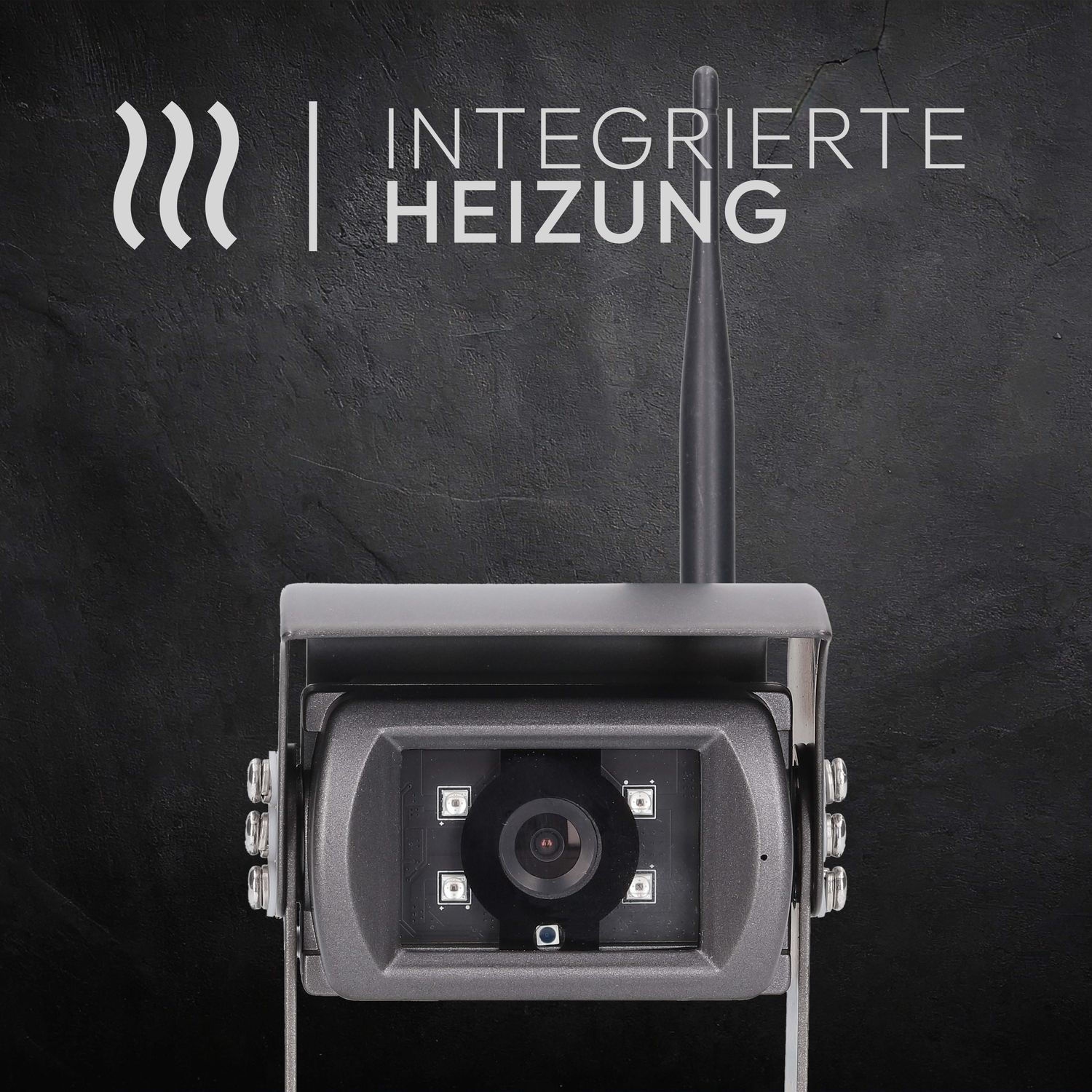 Graue Kamera mit schwarzem Hintergrund. Text oben: 'INTEGRIERTE HEIZUNG'. Antenne ragt aus der Kamera.