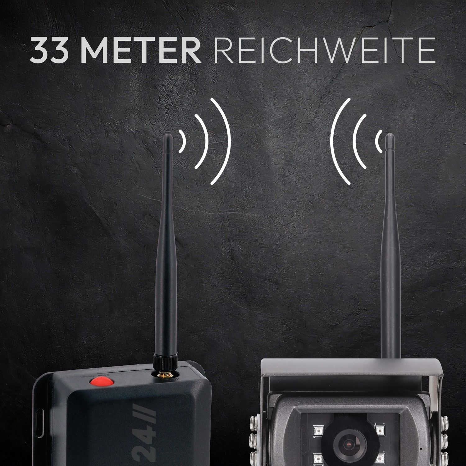 Zwei schwarze Geräte mit Antennen, eines mit rotem Knopf, und eine Kamera. Weiße Signalwellen auf dunklem Hintergrund. Text: 33 Meter.