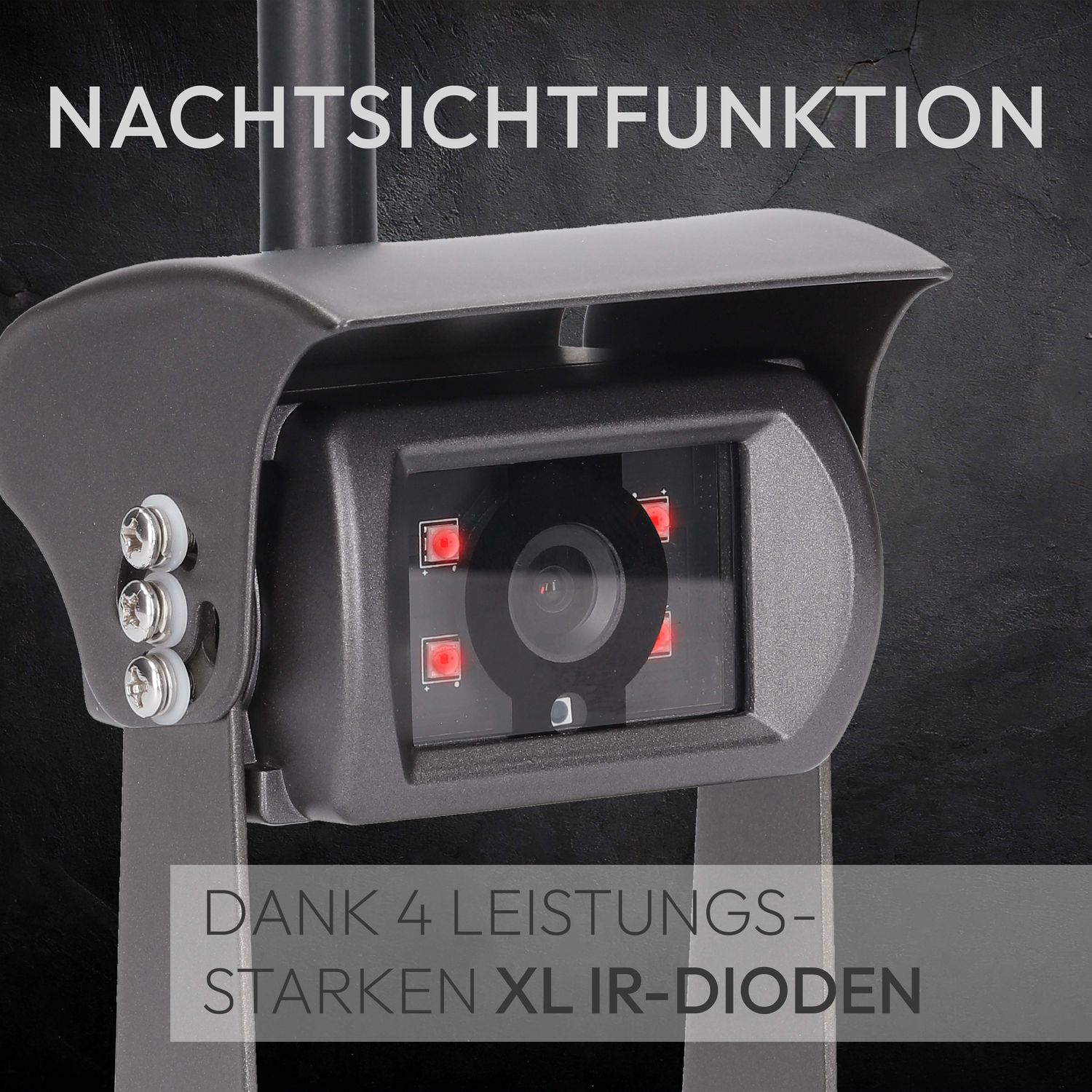 Eine Überwachungskamera mit IR-Dioden, unter dem Text 'NACHTSICHTFUNKTION' und 'DANK 4 LEISTUNGS-STARKEN XL IR-DIODEN'.