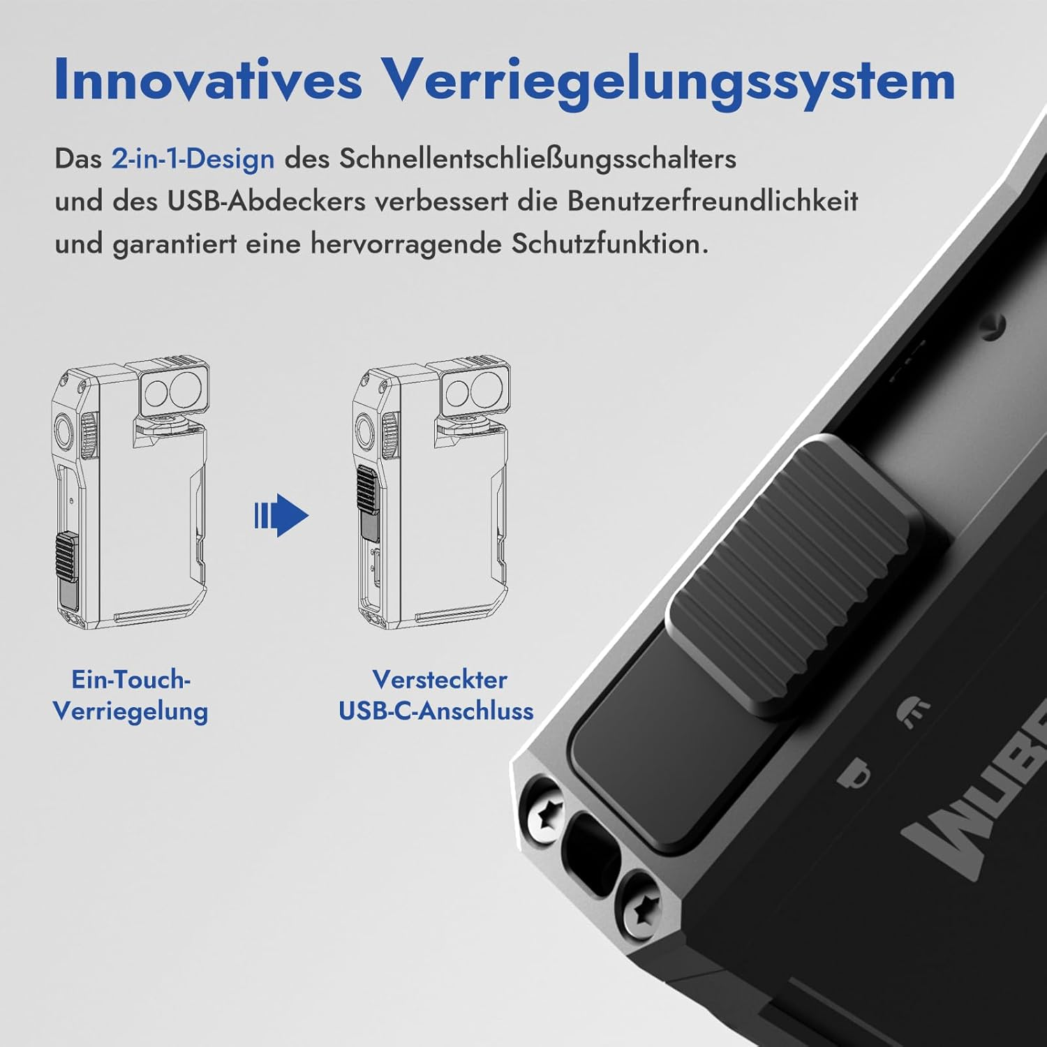 Das Bild zeigt ein Produkt mit 'Innovatives Verriegelungssystem'. Es hat ein 2-in-1-Design und einen USB-C-Anschluss, was die Benutzerfreundlichkeit erhöht.