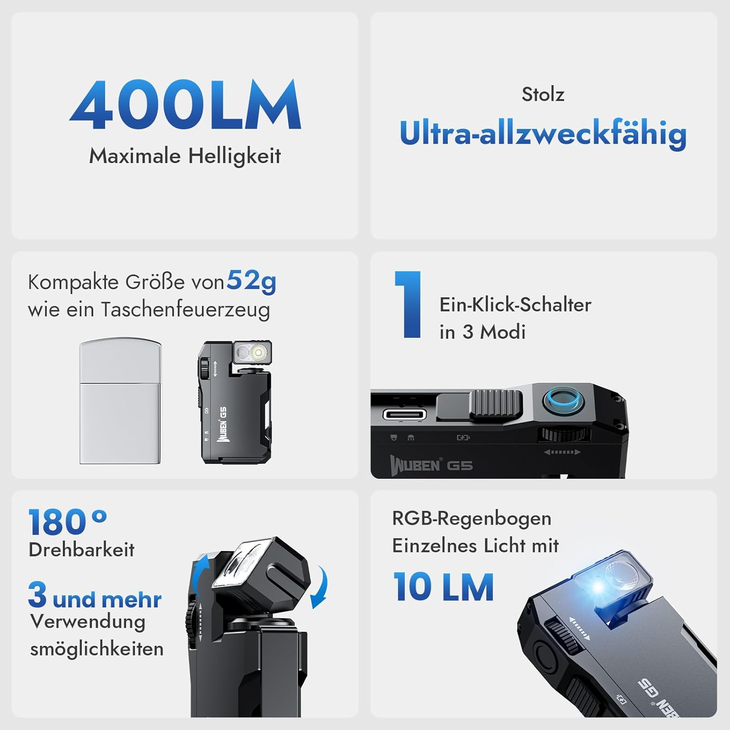 Werbung für ein Produkt zeigt eine kompakte Taschenlampe mit Funktionen wie 400LM Helligkeit, 180° Drehung und RGB-Regenbogenbeleuchtung mit 10 LM.