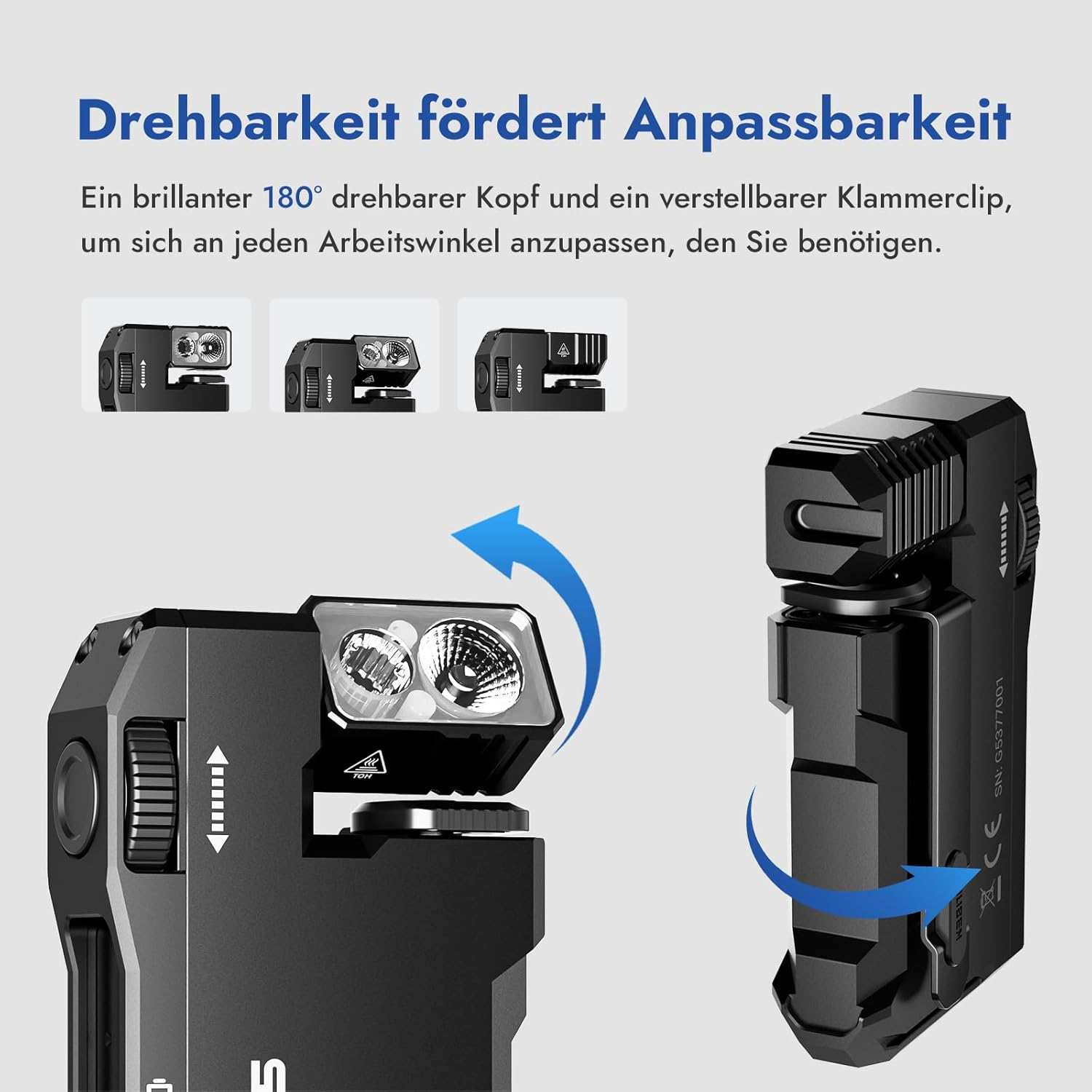 Schwarze Taschenlampe mit verstellbarem Kopf und Clip. Blaue Pfeile zeigen die Bewegung. Text sagt 'Anpassungsfähigkeit'. Drei kleine Taschenlampenbilder.