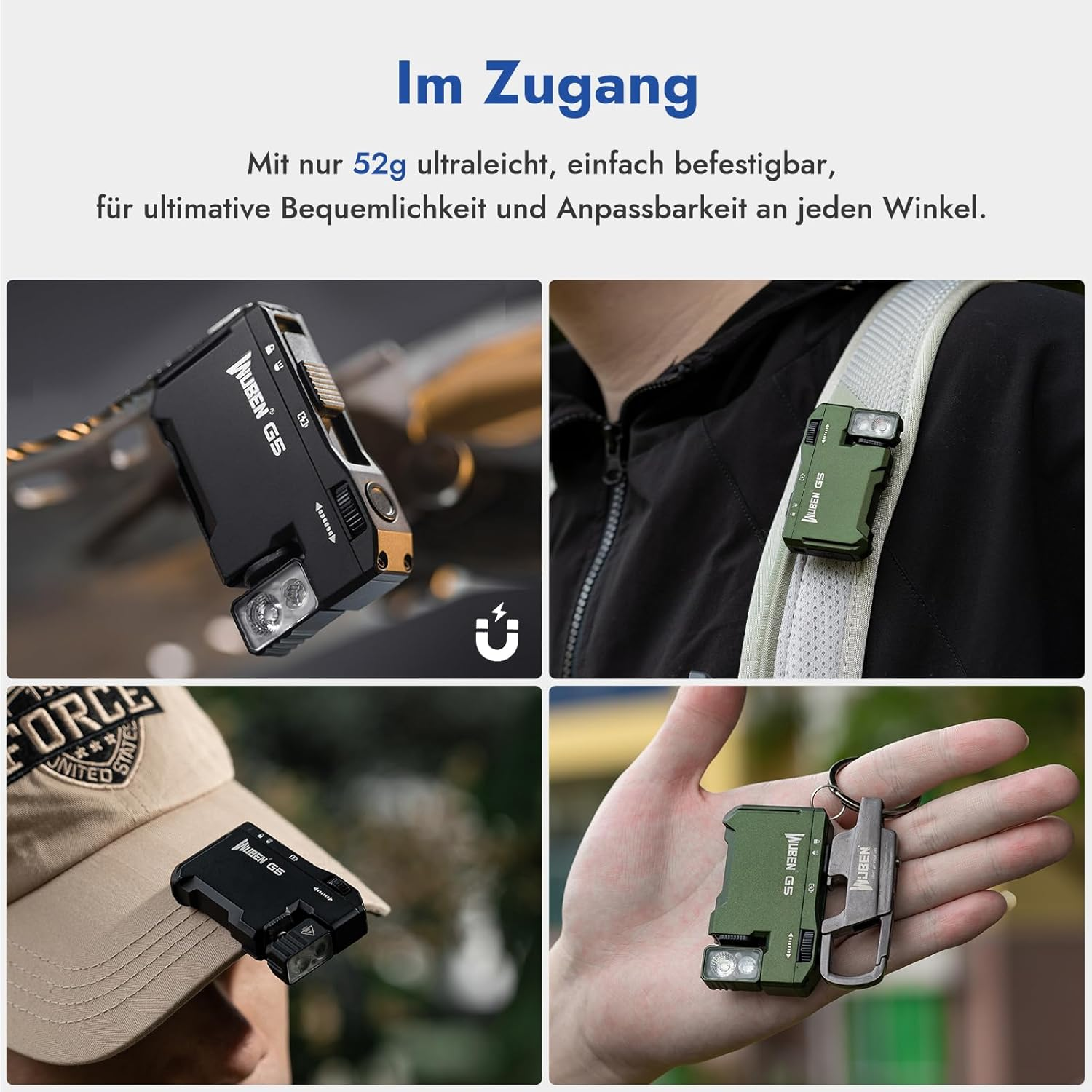 Das Bild zeigt eine kleine Taschenlampe in verschiedenen Einstellungen: an einem Rucksackriemen, einer Kappe und in der Hand gehalten. Sie ist schwarz und grün.