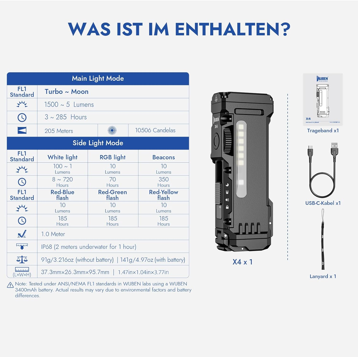 Das Bild zeigt eine schwarze Taschenlampe mit Spezifikationen, Zubehör und einem Titel auf Deutsch: 'Was ist im Enthalten?'