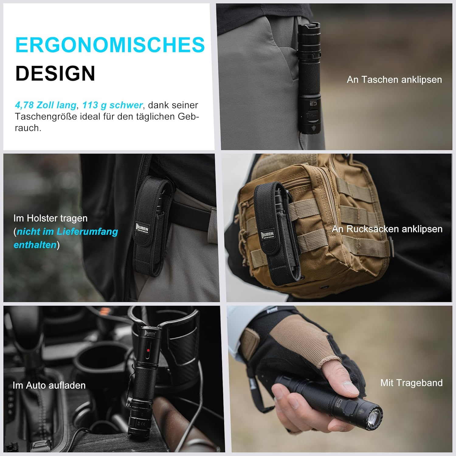 Eine schwarze Taschenlampe wird in verschiedenen Anwendungsszenarien gezeigt: an einer Tasche, einem Rucksack, in einer Halterung, im Auto und mit Band.