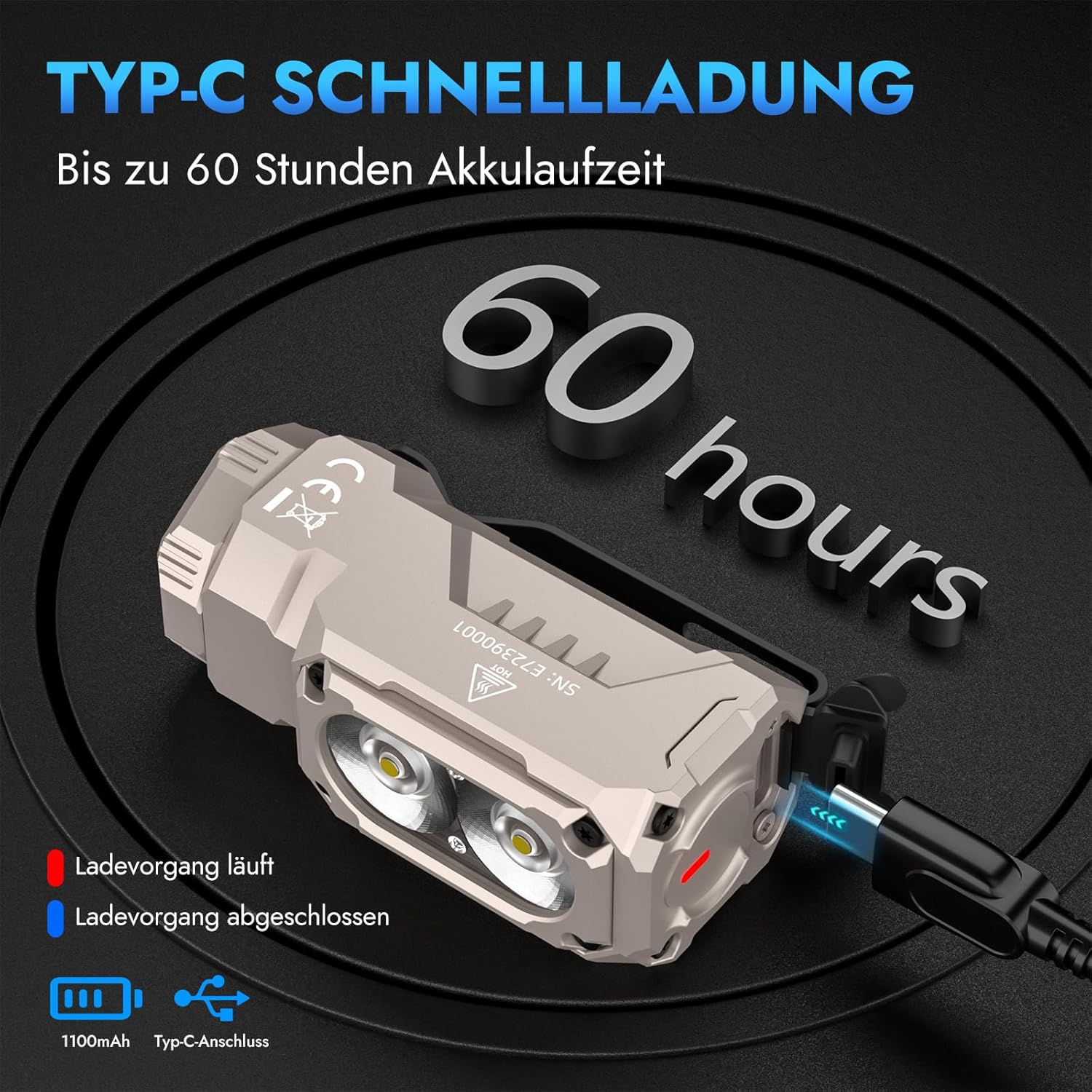 Eine beige Taschenlampe wird mit einem USB-C-Kabel aufgeladen. Sie hat zwei Lichter und der Text lautet: 60 Stunden.