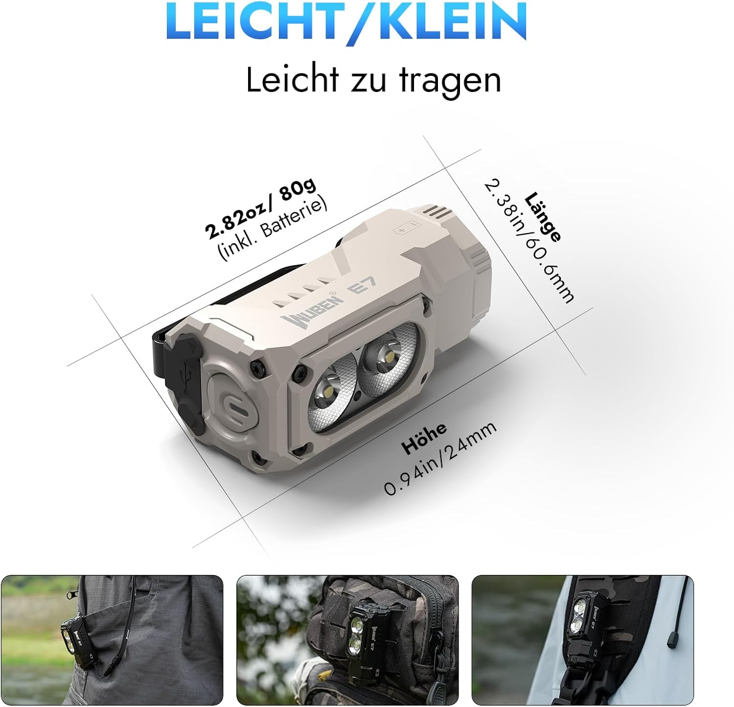 Eine kleine, hellfarbene Wuben E7-Taschenlampe mit Abmessungen und Gewichtsangaben. Sie hat zwei Lichter und wird im Einsatz gezeigt.