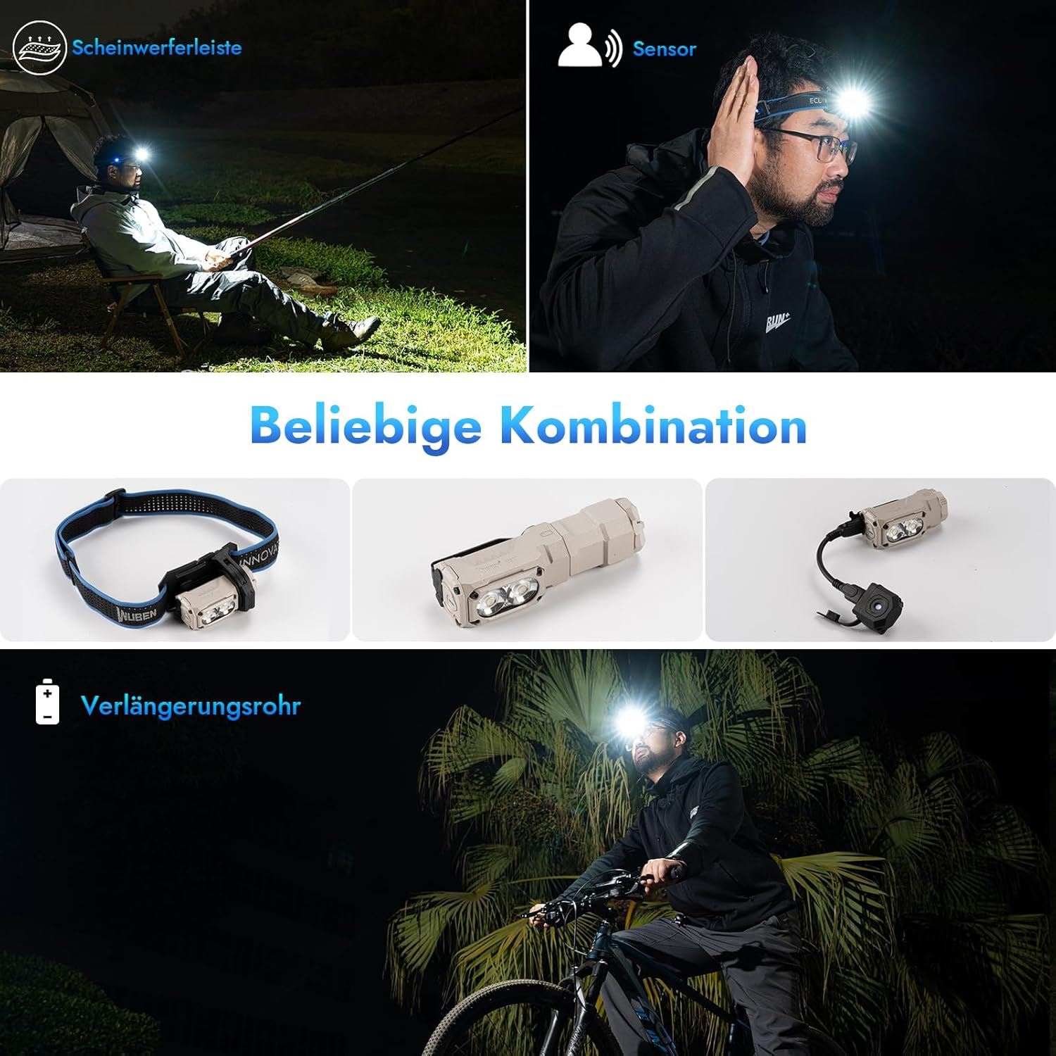 Ein Mann mit Stirnlampe fischt nachts. Ein anderer Mann trägt eine Stirnlampe. Es gibt auch andere Produktaufnahmen von Stirnlampen.