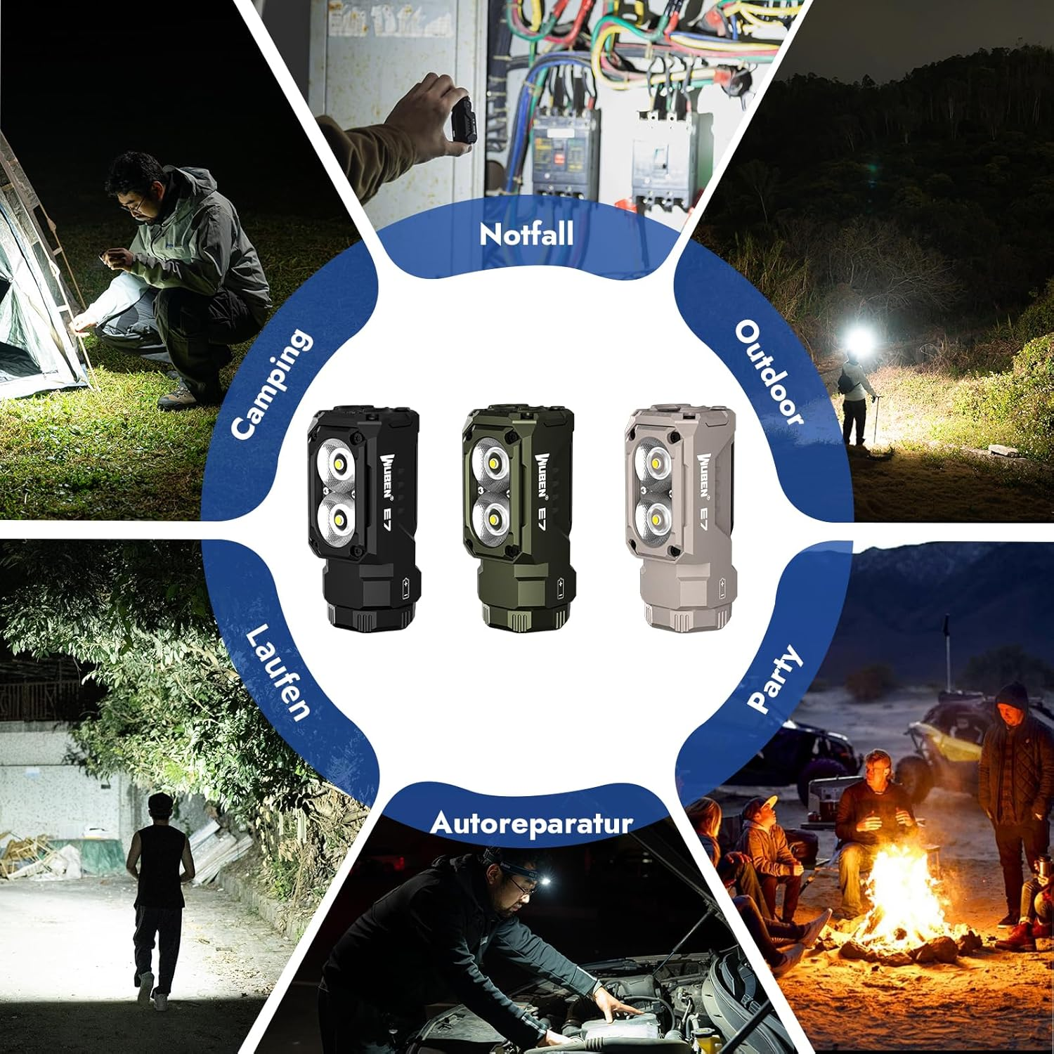 Ein Werbebild zeigt Stirnlampen in verschiedenen Szenarien: Camping, Outdoor, Laufen, Party und Autoreparatur, mit sichtbarem Markennamen.