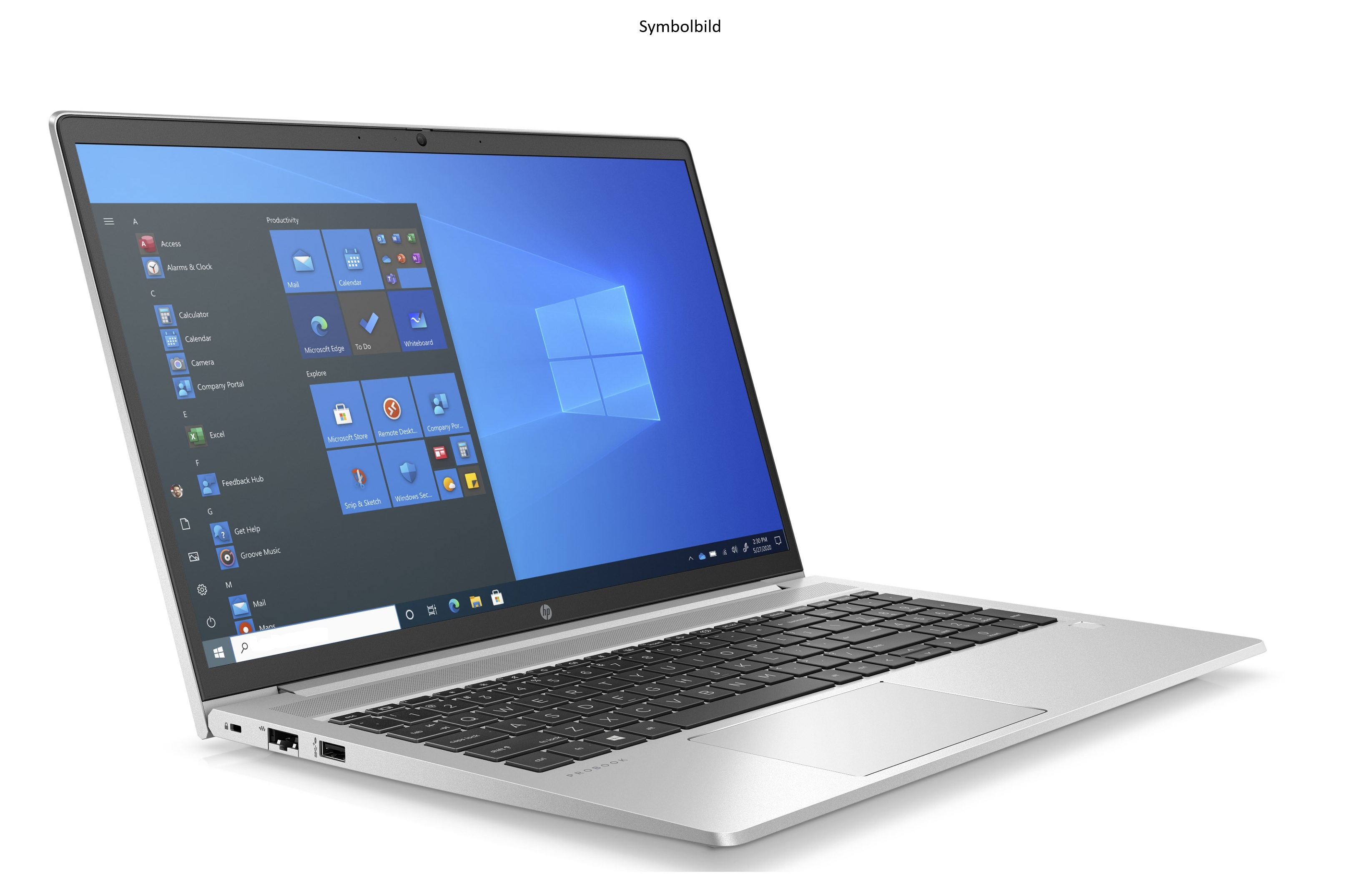 Silberner Laptop auf weißem Grund, Windows-Bildschirm sichtbar. Tastatur, Touchpad und Anschlüsse sind zu sehen.
