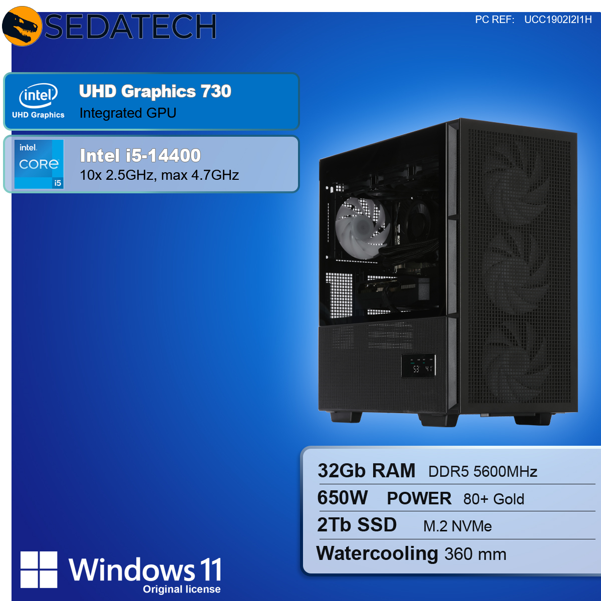 Czarna obudowa komputera ze specyfikacjami na niebieskim tle. Zawiera Intel i5, 32 GB RAM i Windows 11.