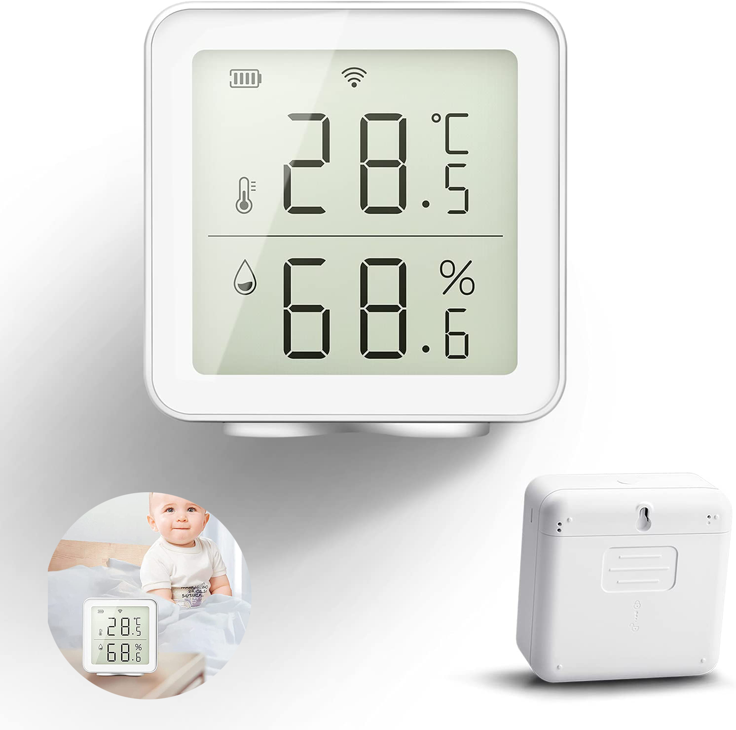 Weißes Digitalthermometer zeigt 28,5°C und 68,6% an. Ein Baby lächelt neben einem kleinen Thermometer. Ein weißes Gerät wird ebenfalls gezeigt.