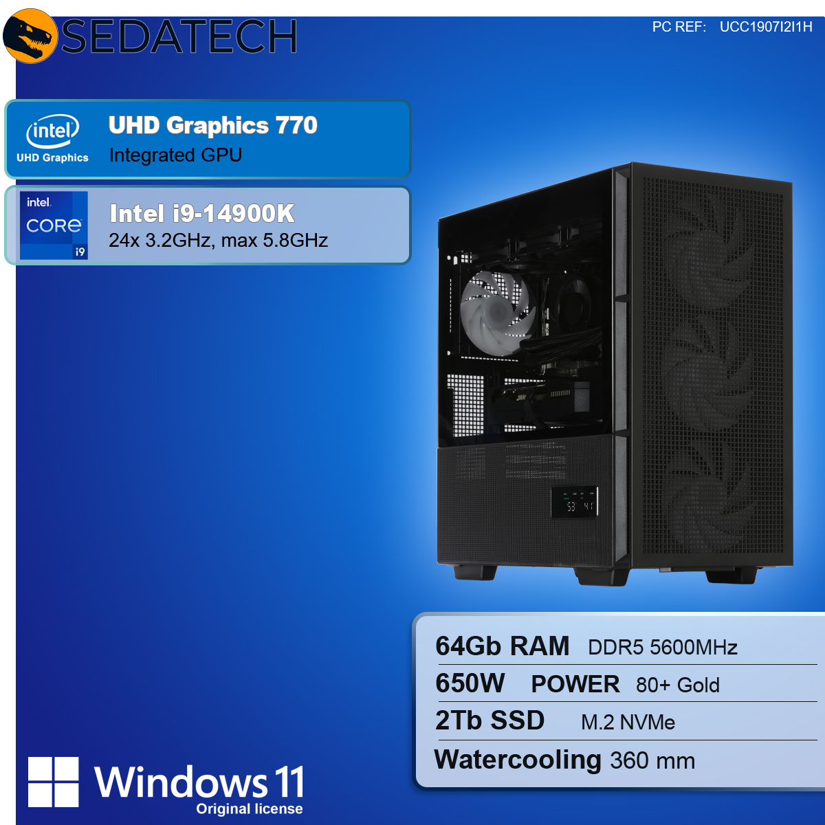 Ein Computergehäuse mit internen Komponenten. Informationen umfassen Intel Core i9, 64 GB RAM, 2 TB SSD und Wasserkühlung.